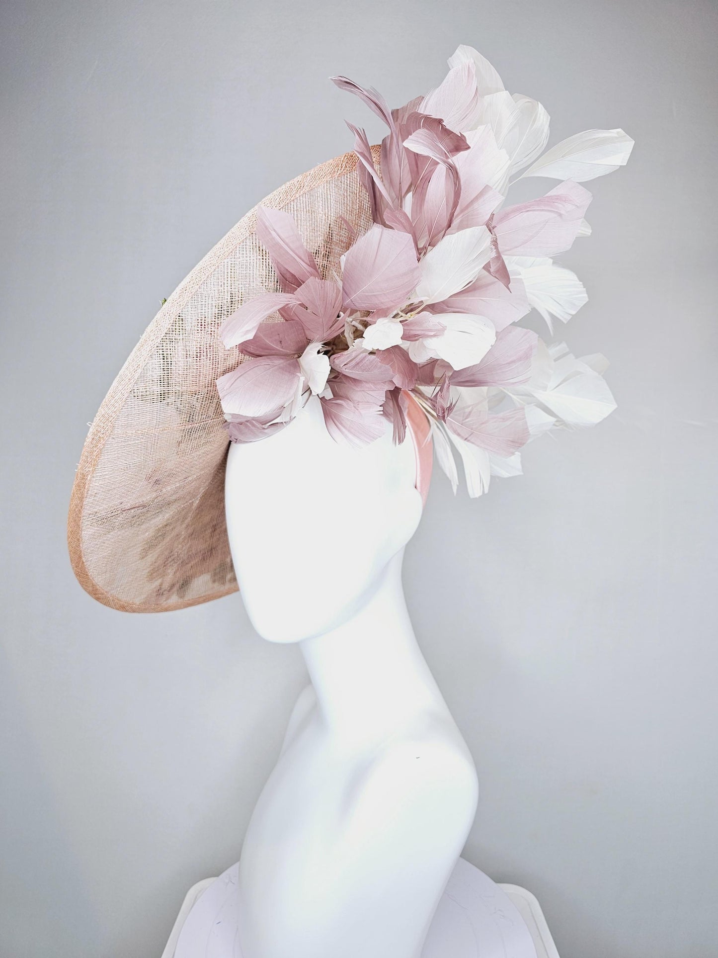 kentucky derby hat fascinator taupe beige neutral large saucer sinamay,with pink,burgundy,white floral embroidered,white dusty pink feathers