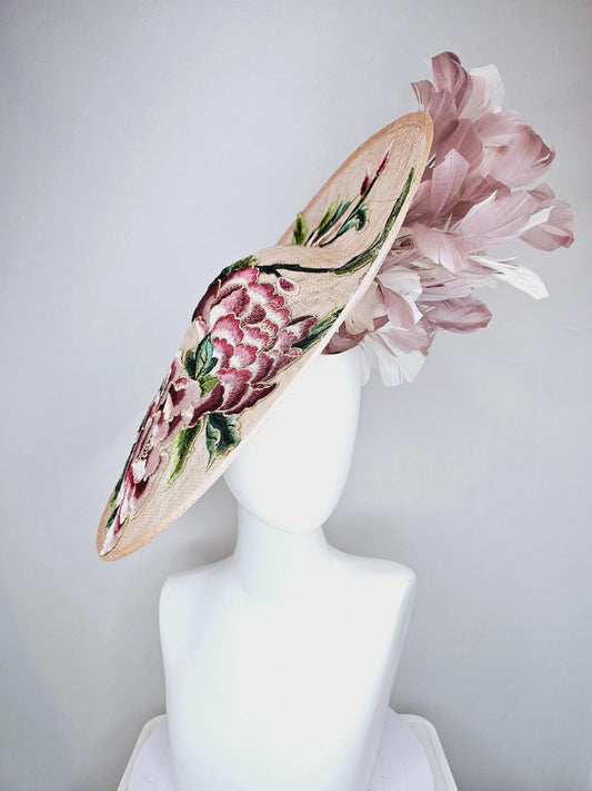 kentucky derby hat fascinator taupe beige neutral large saucer sinamay,with pink,burgundy,white floral embroidered,white dusty pink feathers