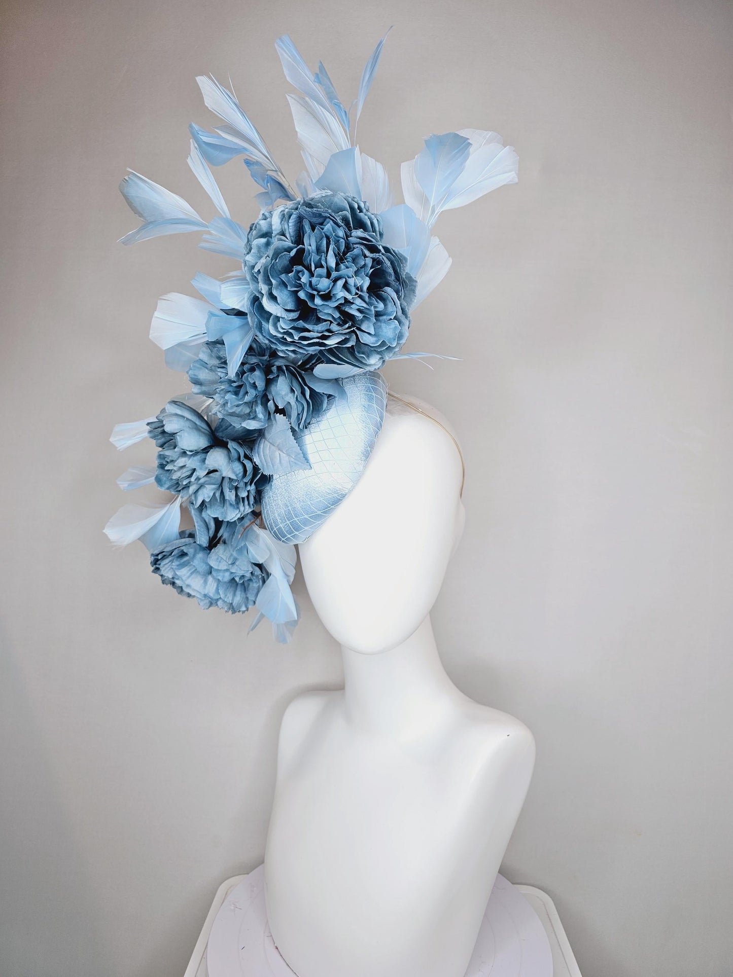 kentucky derby hat fascinator light blue satin with netting,satin silk large cerulean blue flowers,blue leaves and light baby blue feathers