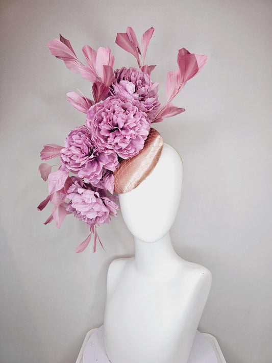 kentucky derby hat fascinator champagne pink satin with netting,light purple satin silk flowers and leaves,blush pink branching feathers