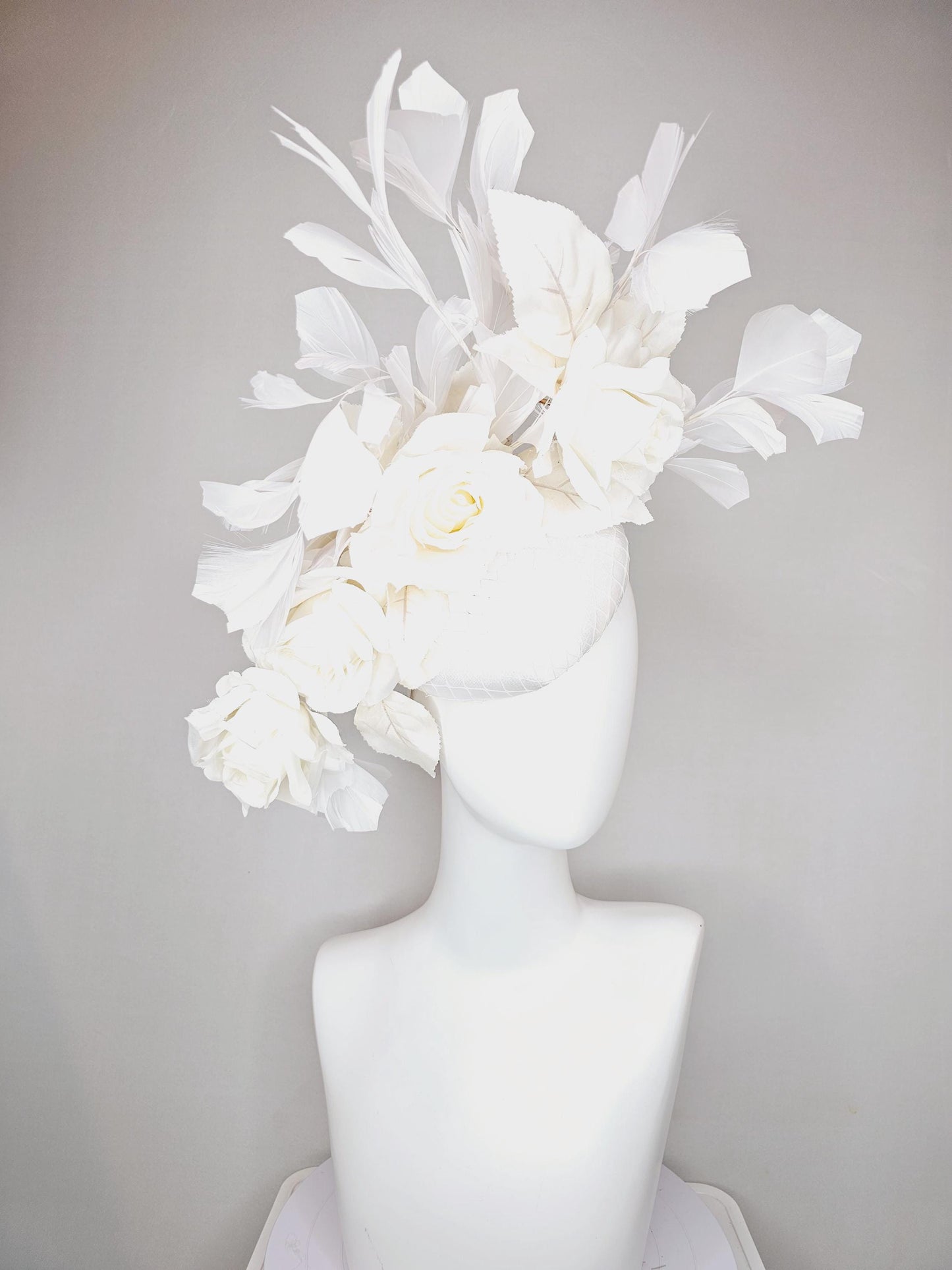 kentucky derby hat fascinator white satin with netting,satin silk white roses and leaves with white branching feathers