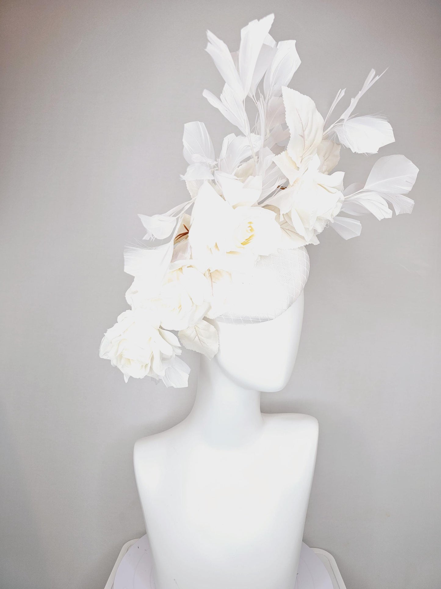 kentucky derby hat fascinator white satin with netting,satin silk white roses and leaves with white branching feathers