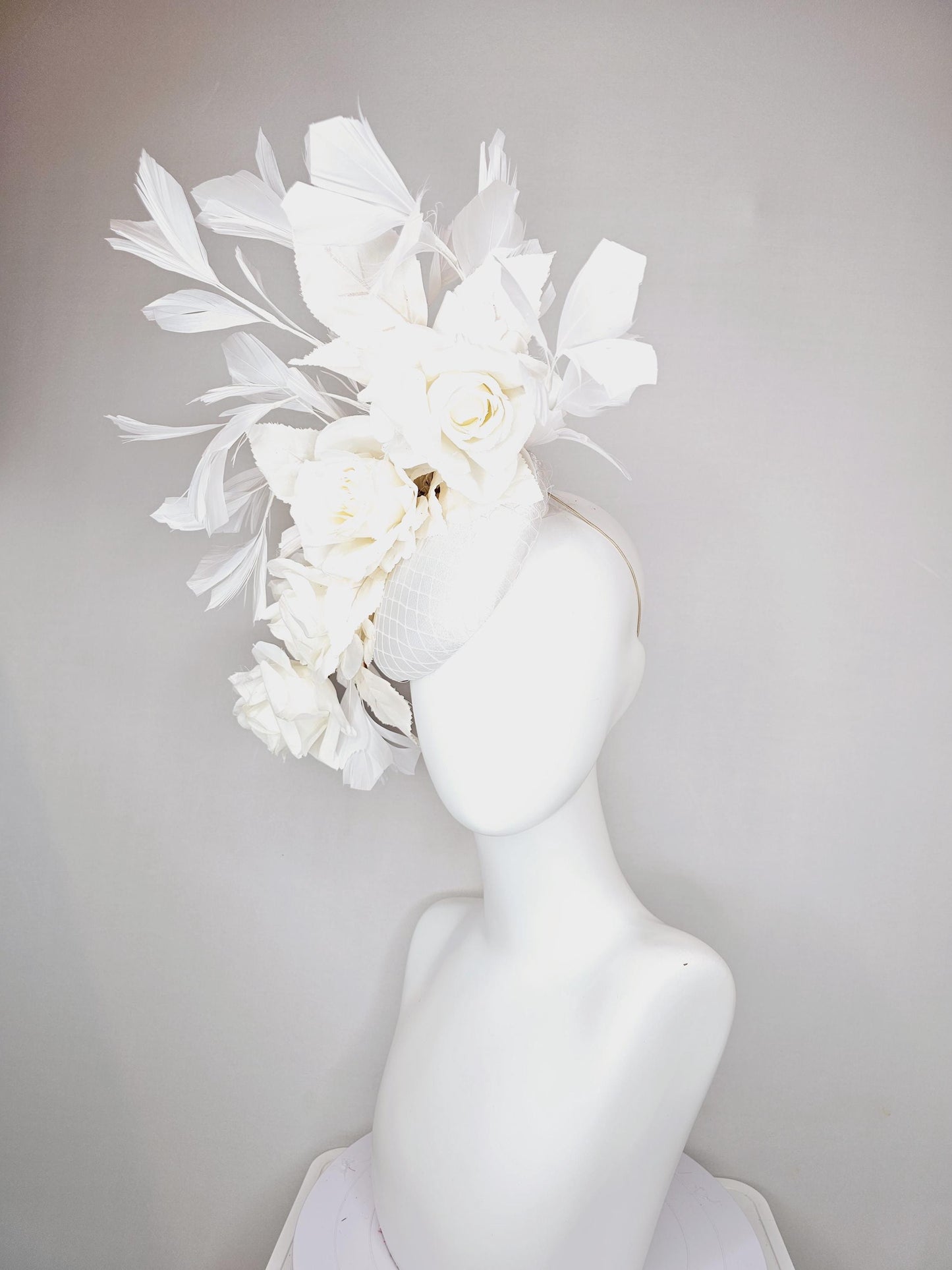 kentucky derby hat fascinator white satin with netting,satin silk white roses and leaves with white branching feathers