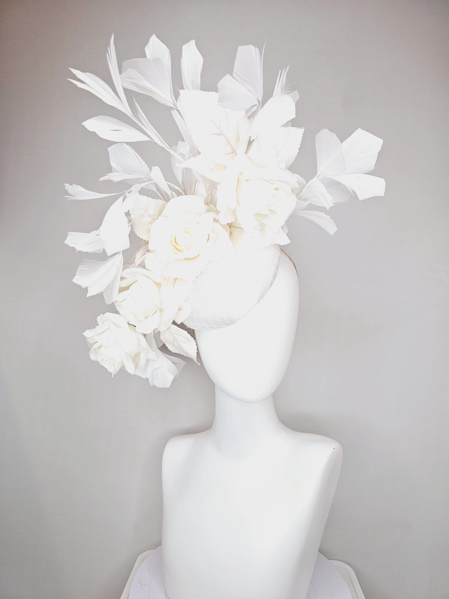 kentucky derby hat fascinator white satin with netting,satin silk white roses and leaves with white branching feathers