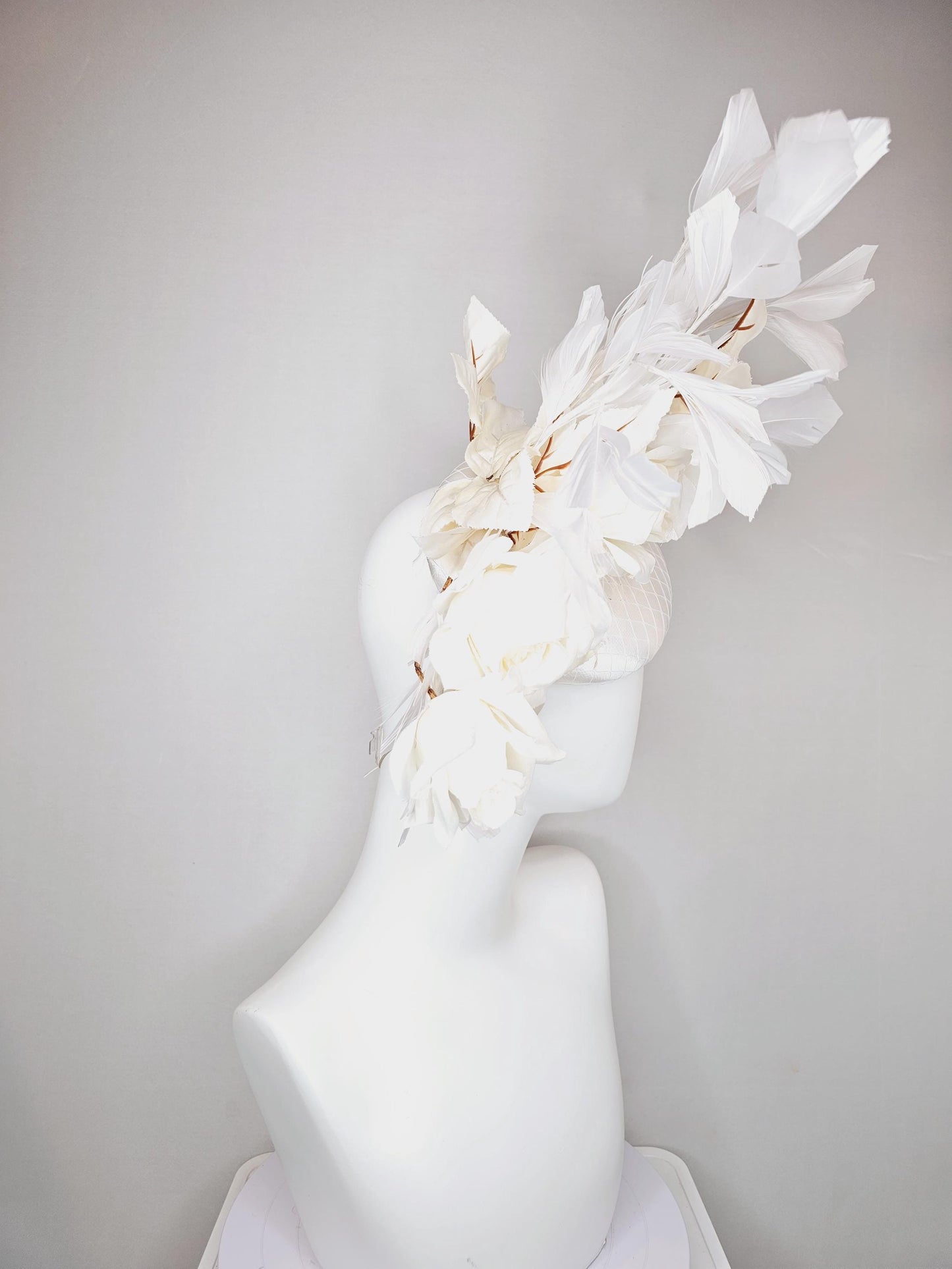 kentucky derby hat fascinator white satin with netting,satin silk white roses and leaves with white branching feathers