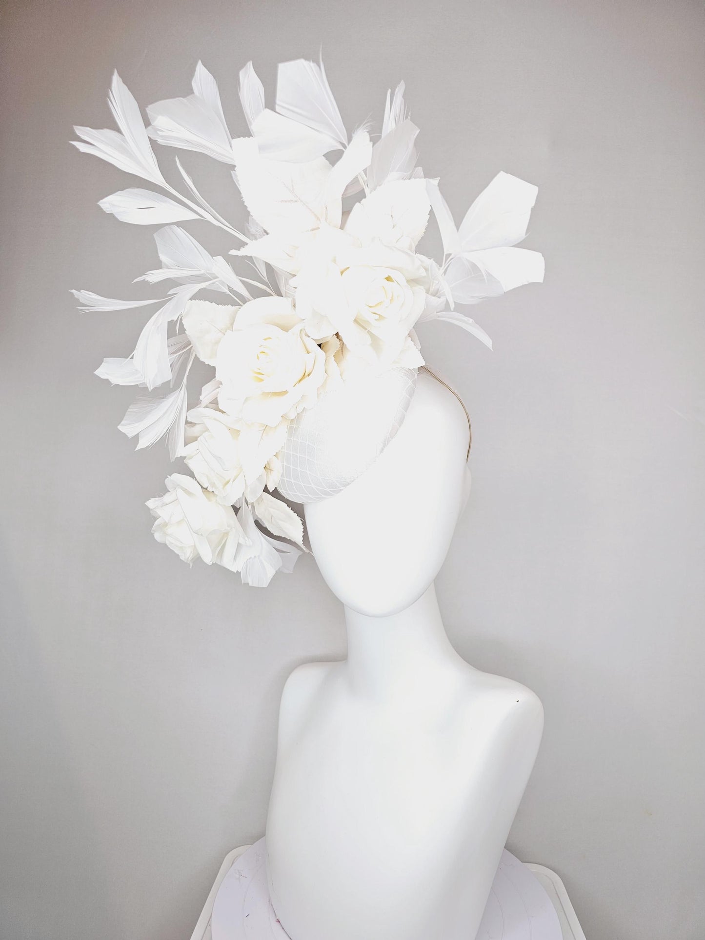 kentucky derby hat fascinator white satin with netting,satin silk white roses and leaves with white branching feathers