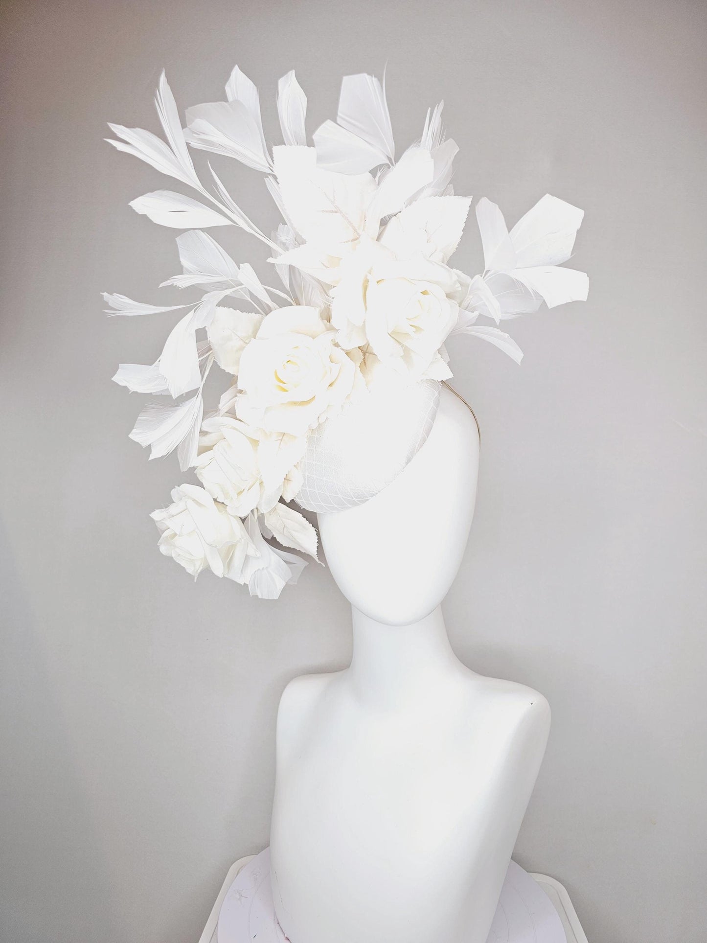 kentucky derby hat fascinator white satin with netting,satin silk white roses and leaves with white branching feathers