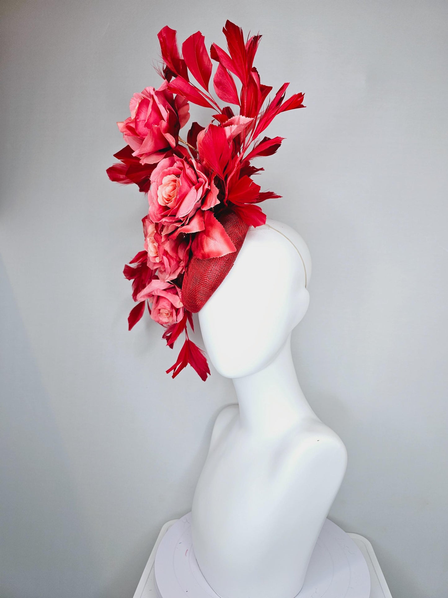 kentucky derby hat fascinator red sinamay with ombre coral peach red satin silk roses and leaves and cherry red branching feathers