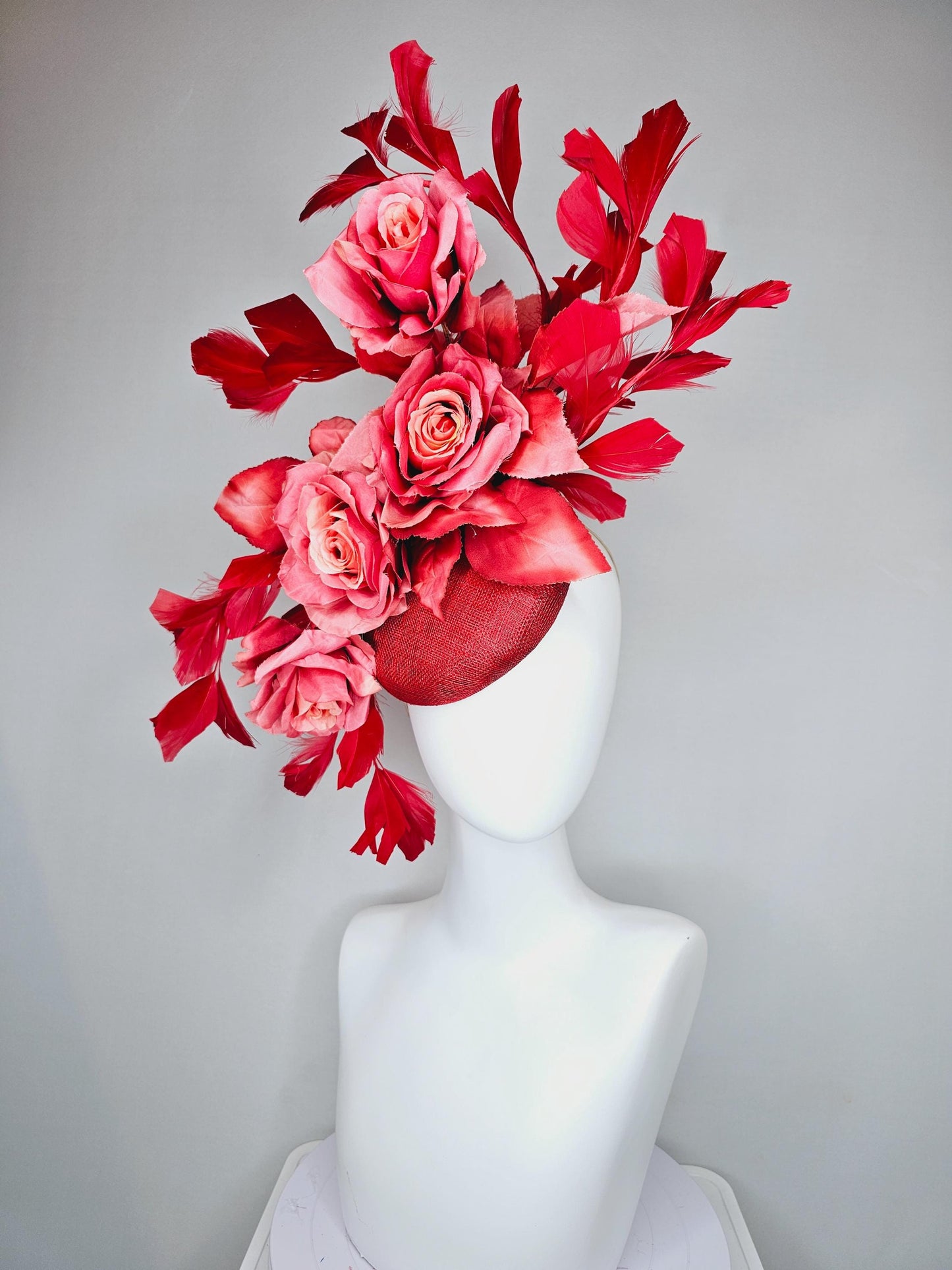 kentucky derby hat fascinator red sinamay with ombre coral peach red satin silk roses and leaves and cherry red branching feathers