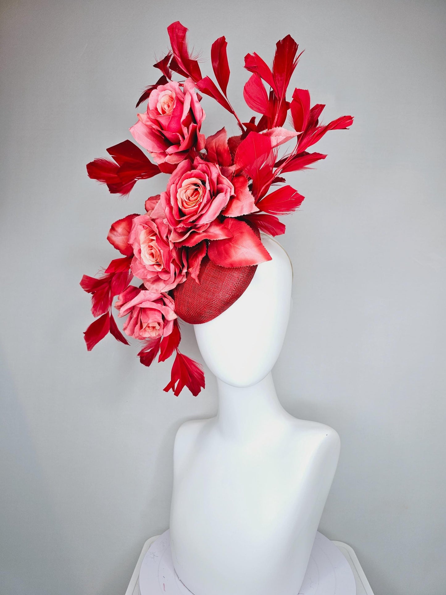 kentucky derby hat fascinator red sinamay with ombre coral peach red satin silk roses and leaves and cherry red branching feathers