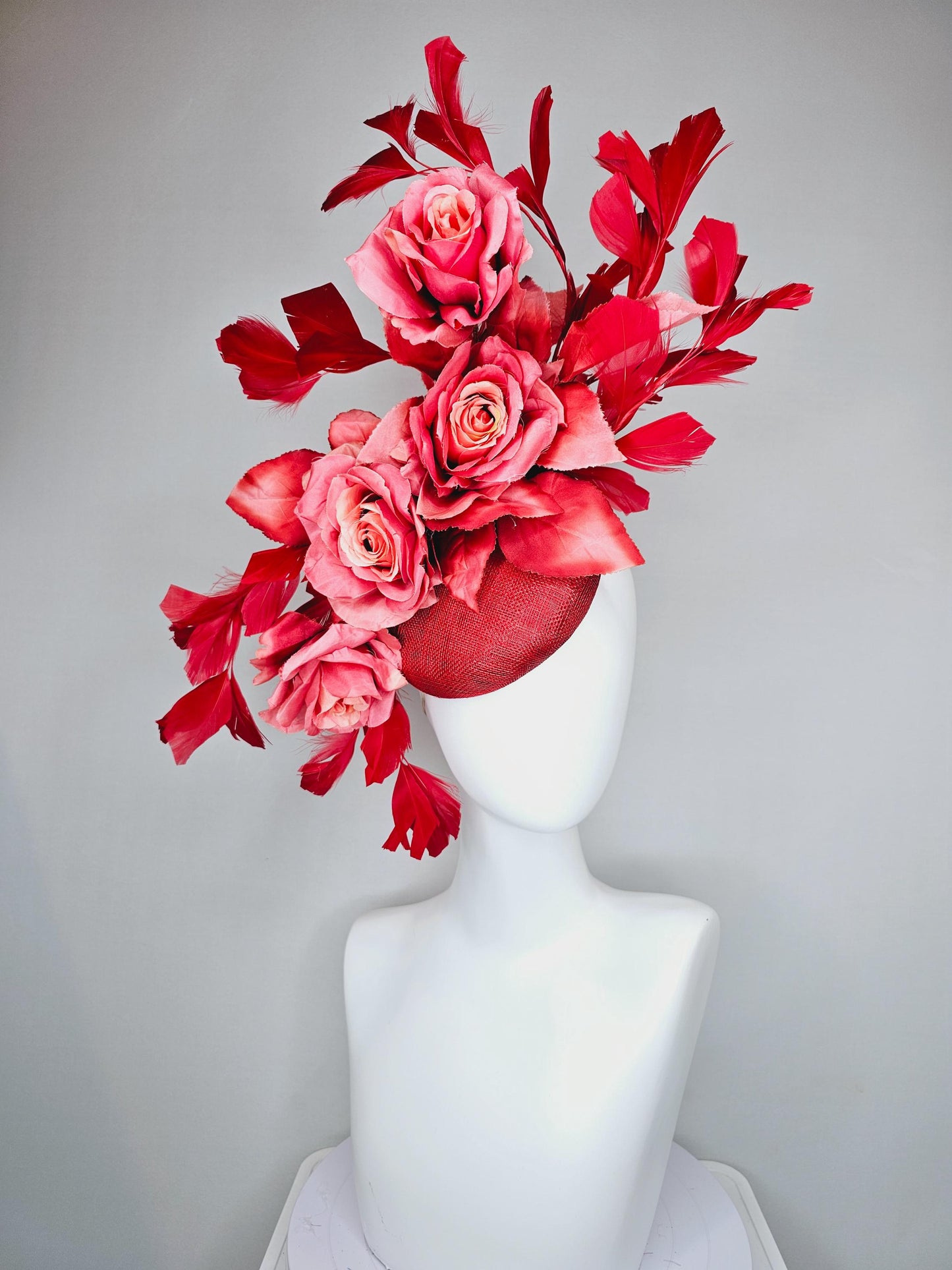 kentucky derby hat fascinator red sinamay with ombre coral peach red satin silk roses and leaves and cherry red branching feathers