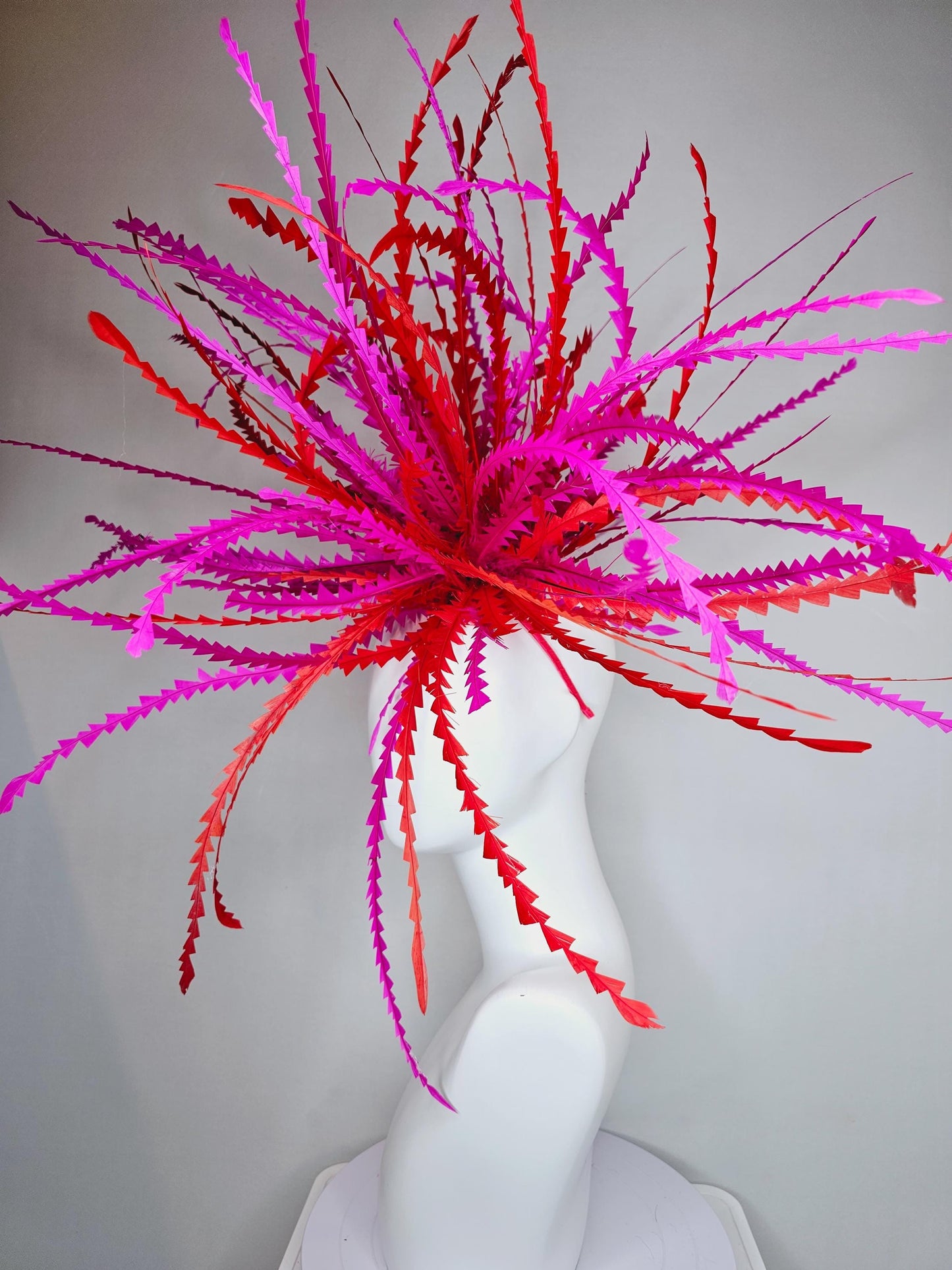 kentucky derby hat fascinator huge bright red and fuchsia pink zigzag long feather showstopper headpiece