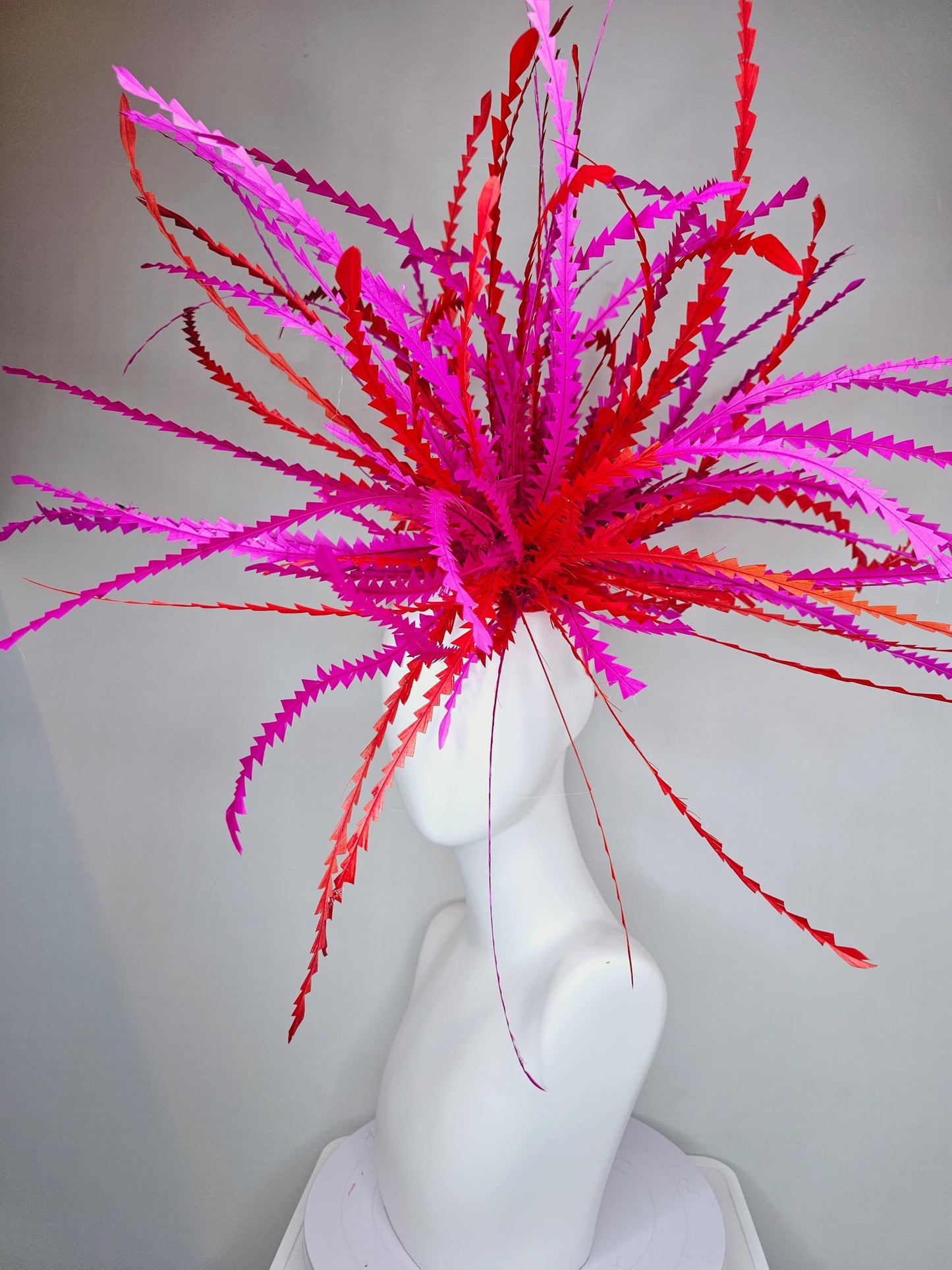 kentucky derby hat fascinator huge bright red and fuchsia pink zigzag long feather showstopper headpiece