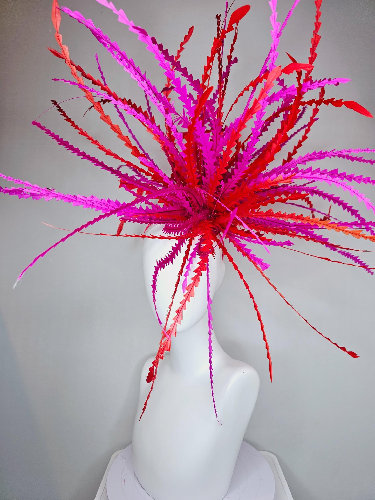 kentucky derby hat fascinator huge bright red and fuchsia pink zigzag long feather showstopper headpiece