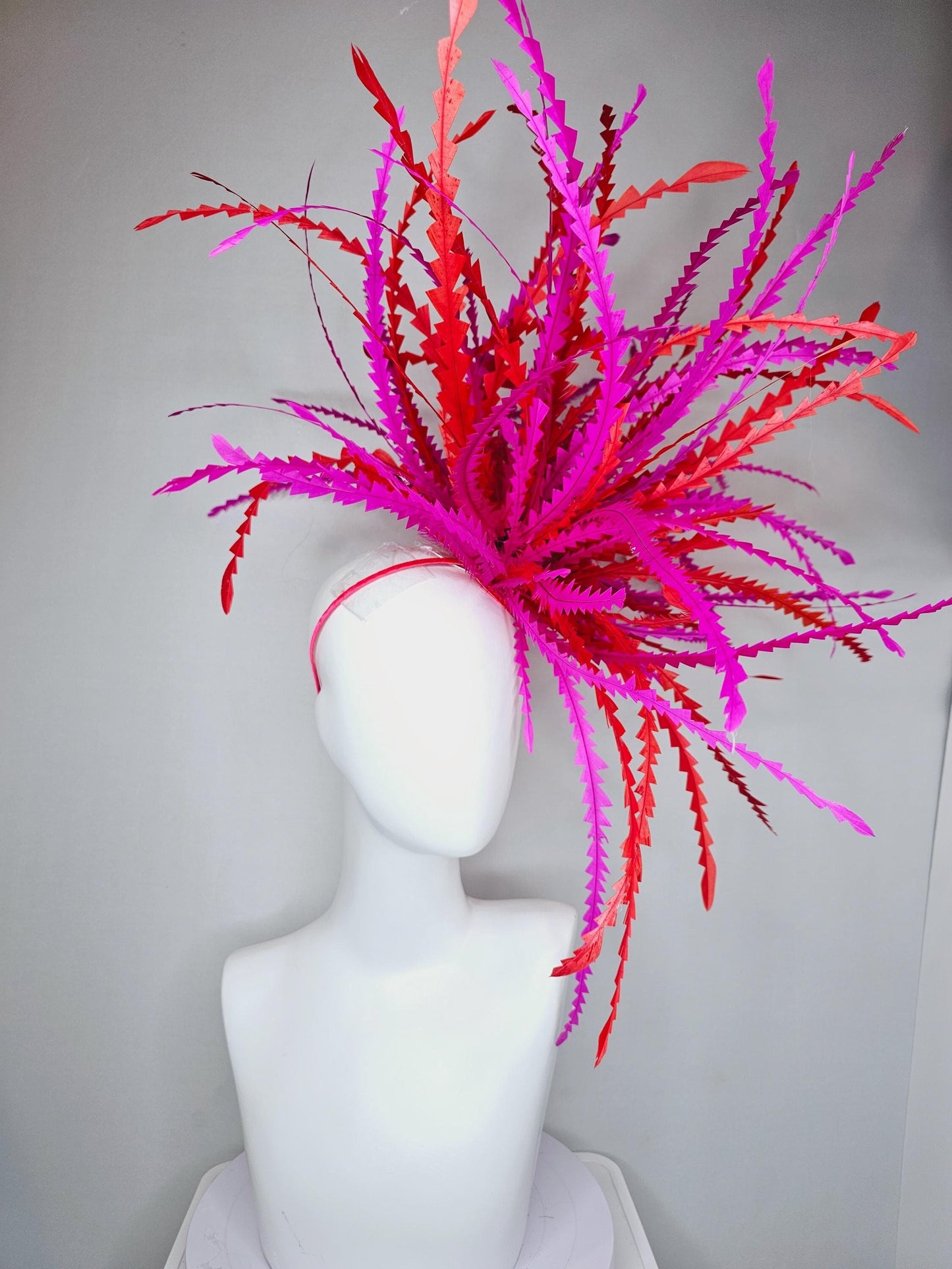 kentucky derby hat fascinator huge bright red and fuchsia pink zigzag long feather showstopper headpiece