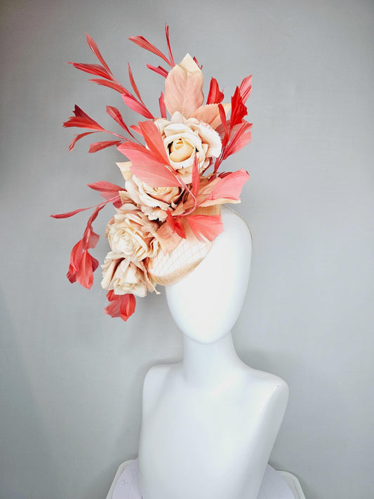 kentucky derby hat fascinator neutral champagne satin with netting,beige tan satin silk roses,beige leaves,coral orange branching feathers