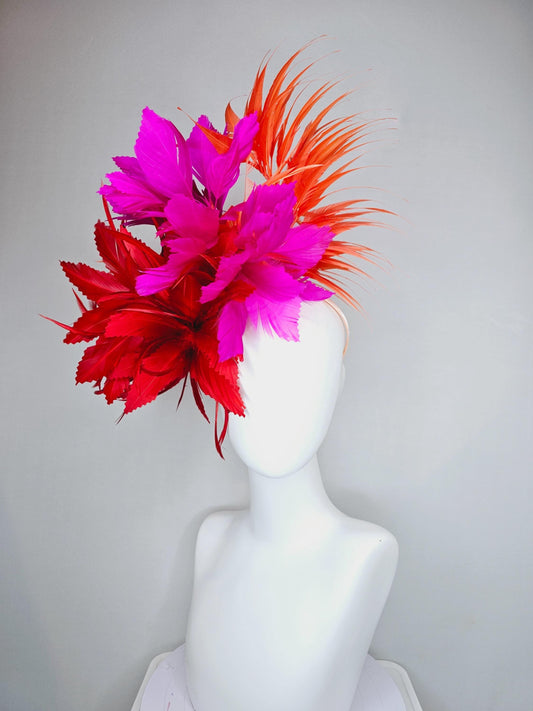 kentucky derby hat fascinator scarlet red fluffy feather flower,bright hot fuchsia pink branching feathers and coral orange pointy feathers