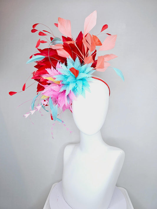 kentucky derby hat fascinator light pink and light blue feather flowers with colorful scarlet red,coral,pink and blue branching feathers