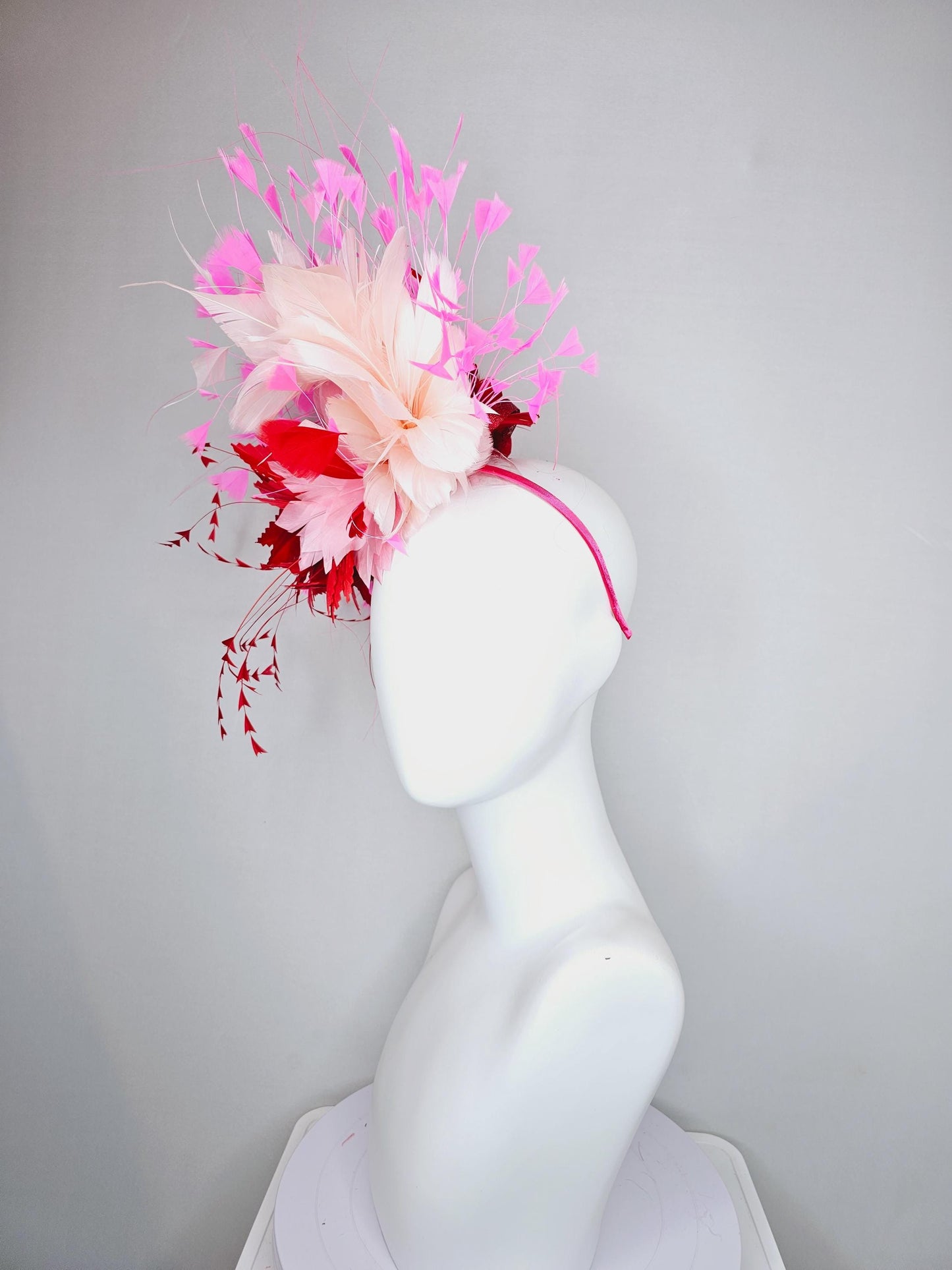 kentucky derby hat fascinator light pink feather flower with cherry red zigzag feathers,blush pink,and pink branching feathers