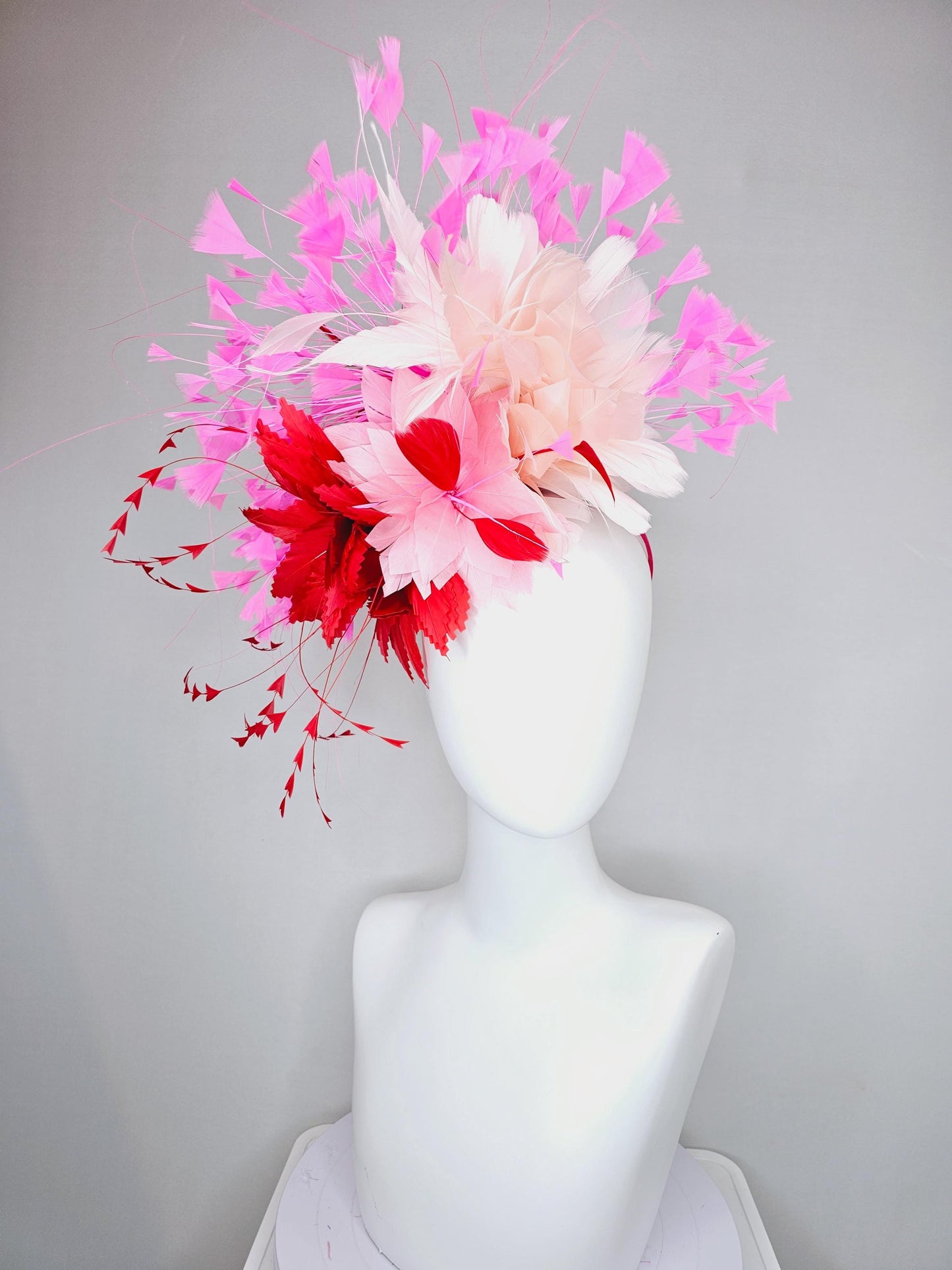 kentucky derby hat fascinator light pink feather flower with cherry red zigzag feathers,blush pink,and pink branching feathers