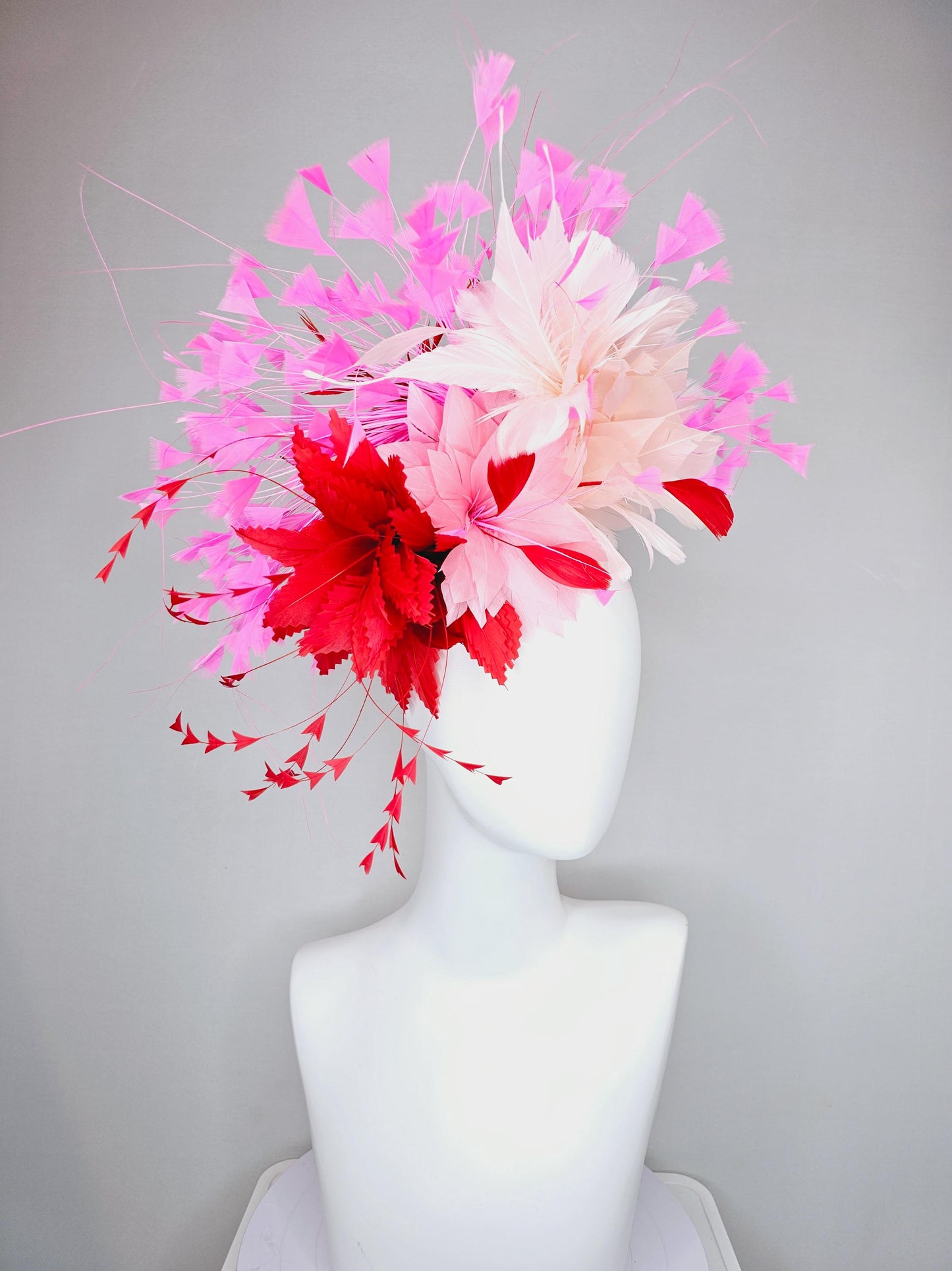 kentucky derby hat fascinator light pink feather flower with cherry red zigzag feathers,blush pink,and pink branching feathers