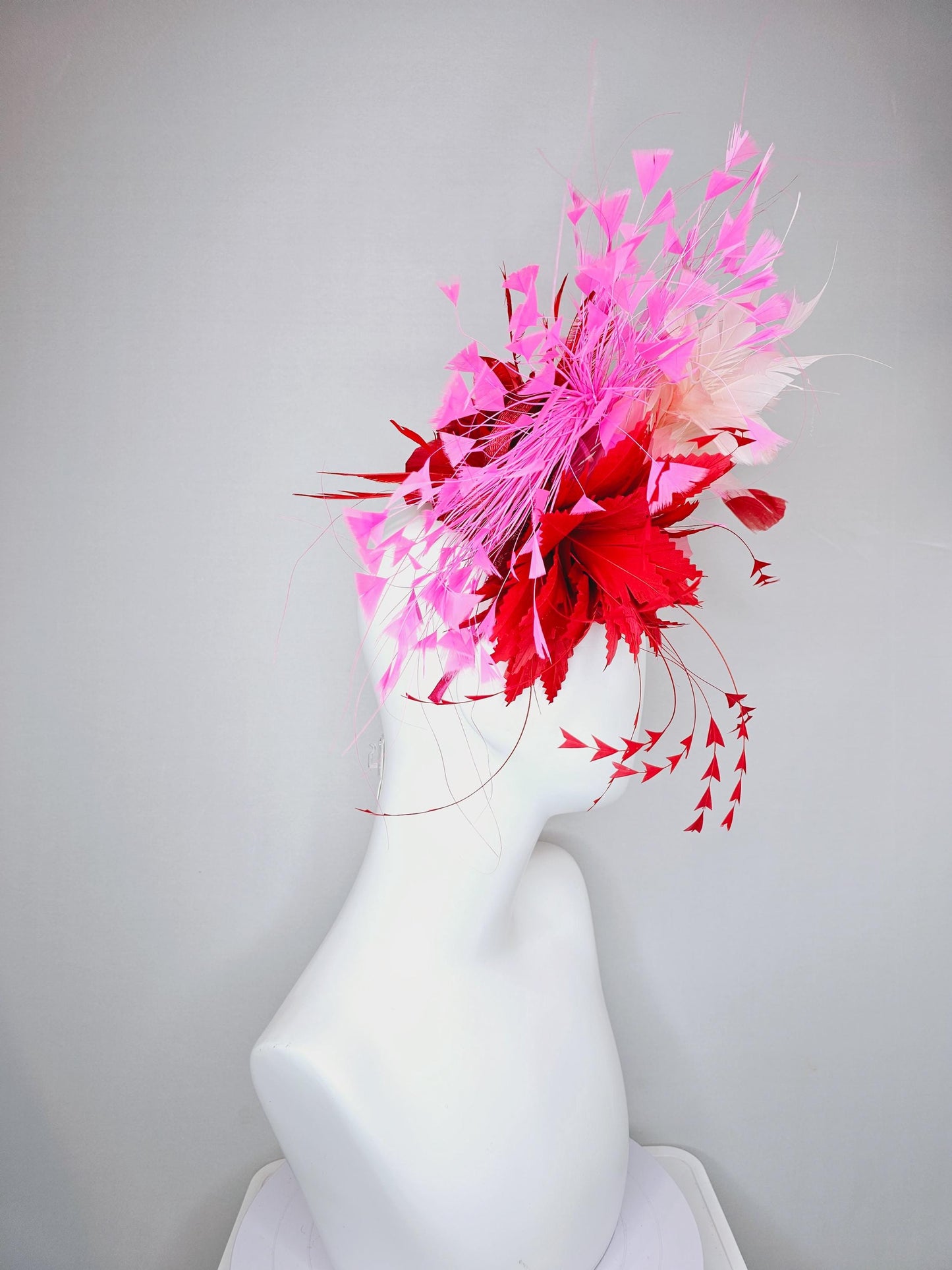 kentucky derby hat fascinator light pink feather flower with cherry red zigzag feathers,blush pink,and pink branching feathers