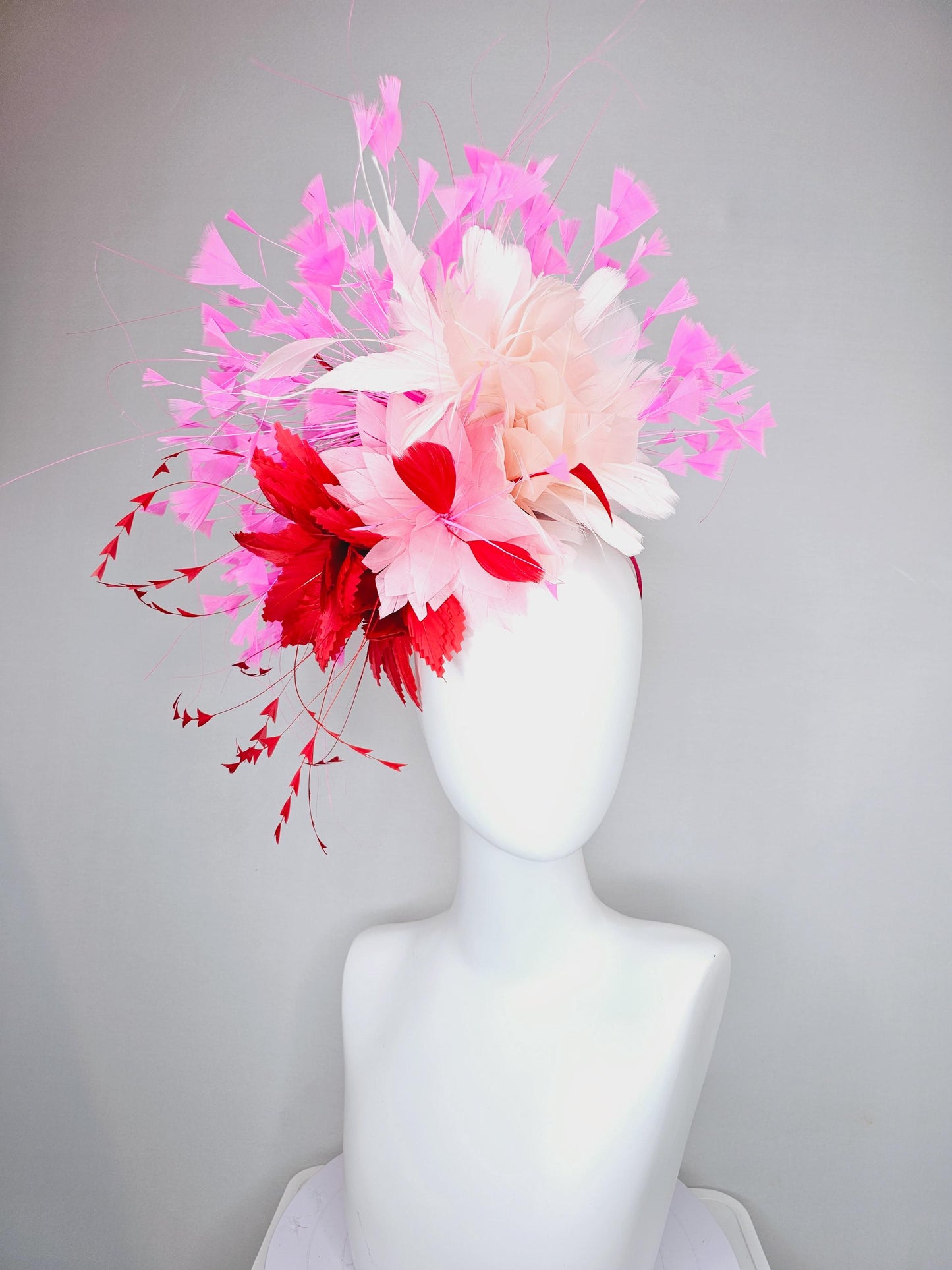 kentucky derby hat fascinator light pink feather flower with cherry red zigzag feathers,blush pink,and pink branching feathers