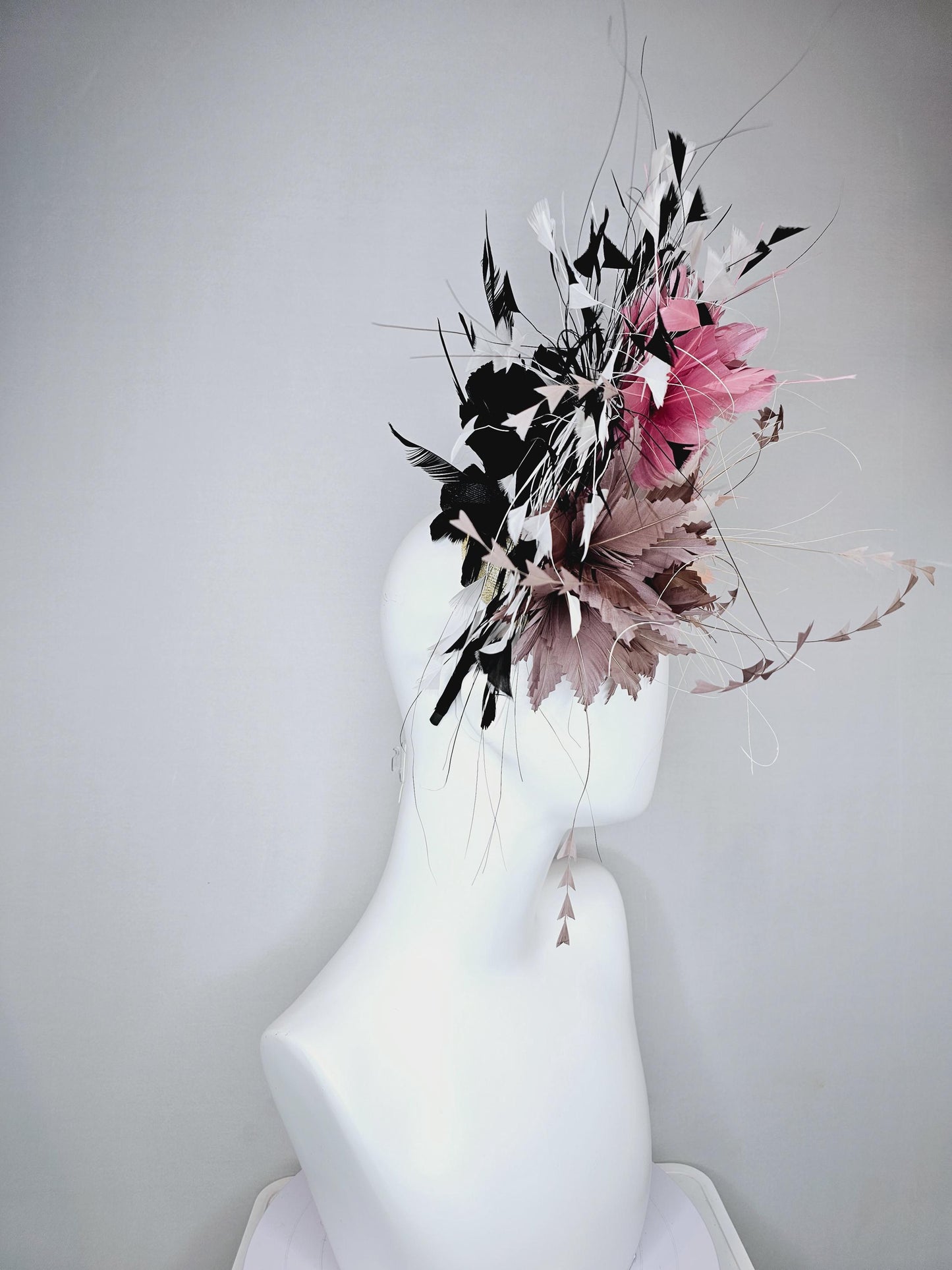 kentucky derby hat fascinator white fluffy zigzag feather flower with taupe feathers and blush pink,black and white branching feathers