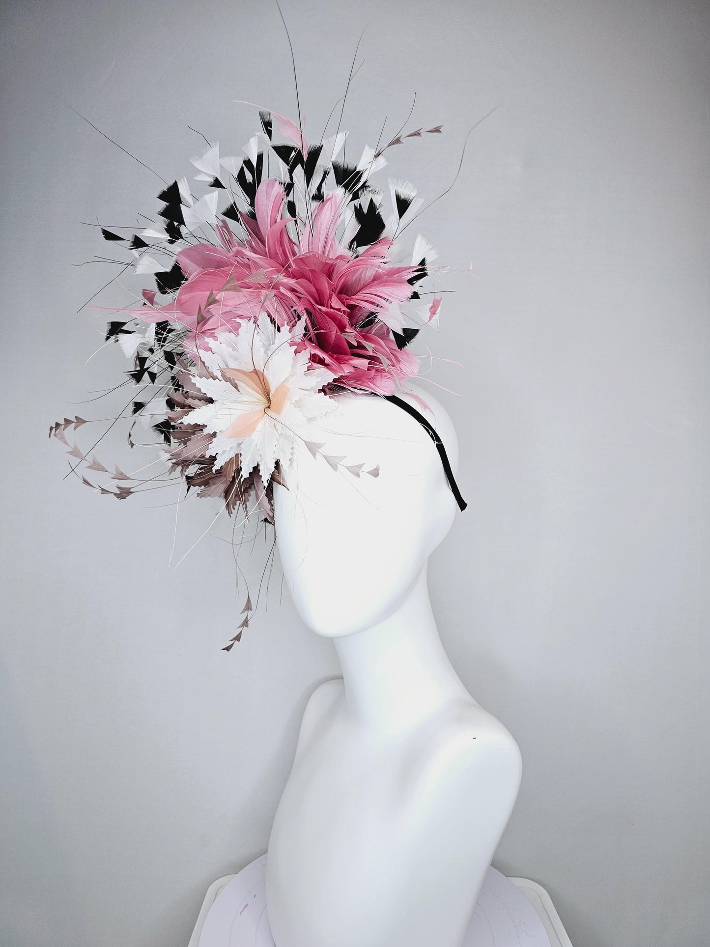 kentucky derby hat fascinator white fluffy zigzag feather flower with taupe feathers and blush pink,black and white branching feathers