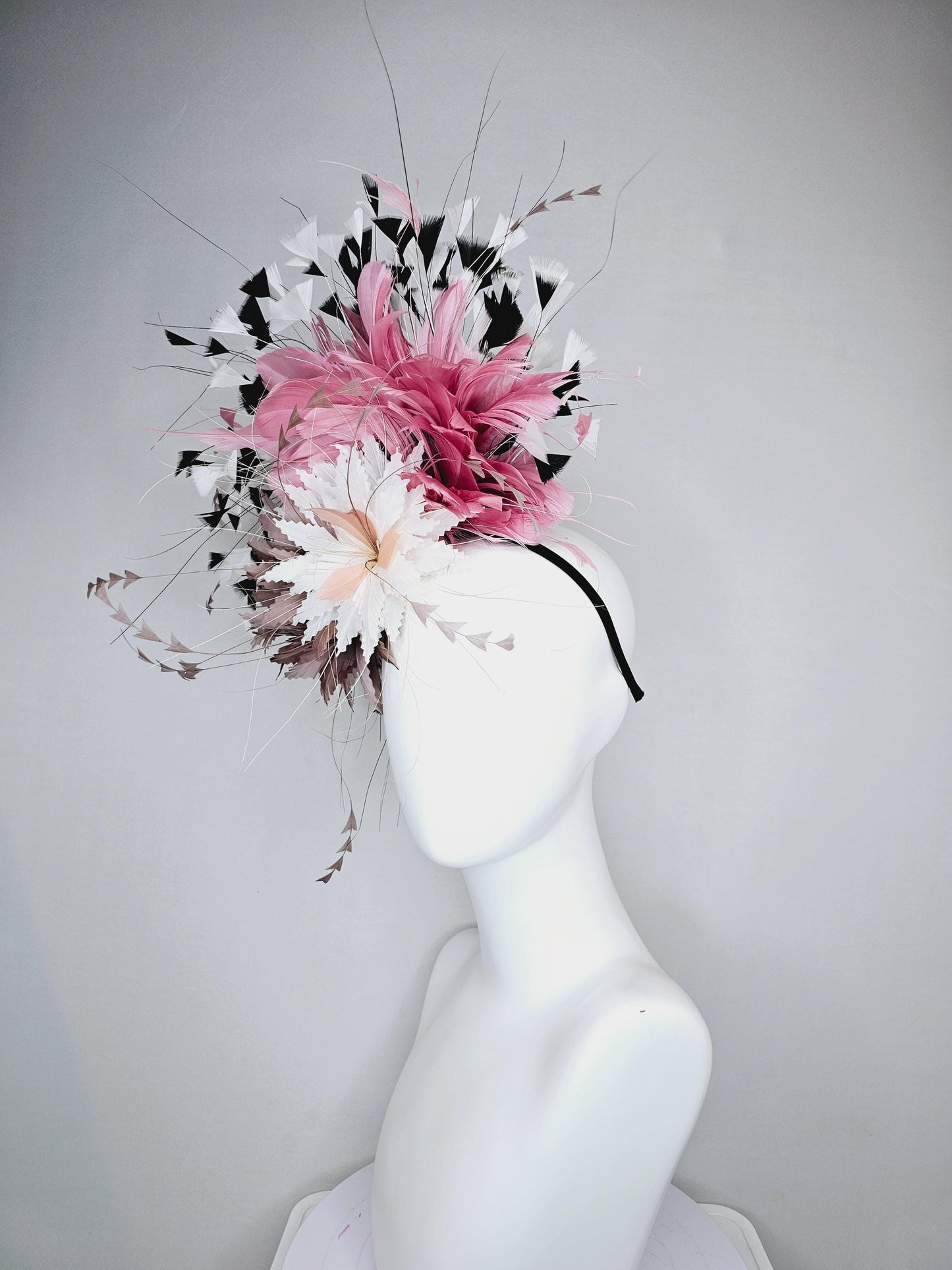 kentucky derby hat fascinator white fluffy zigzag feather flower with taupe feathers and blush pink,black and white branching feathers