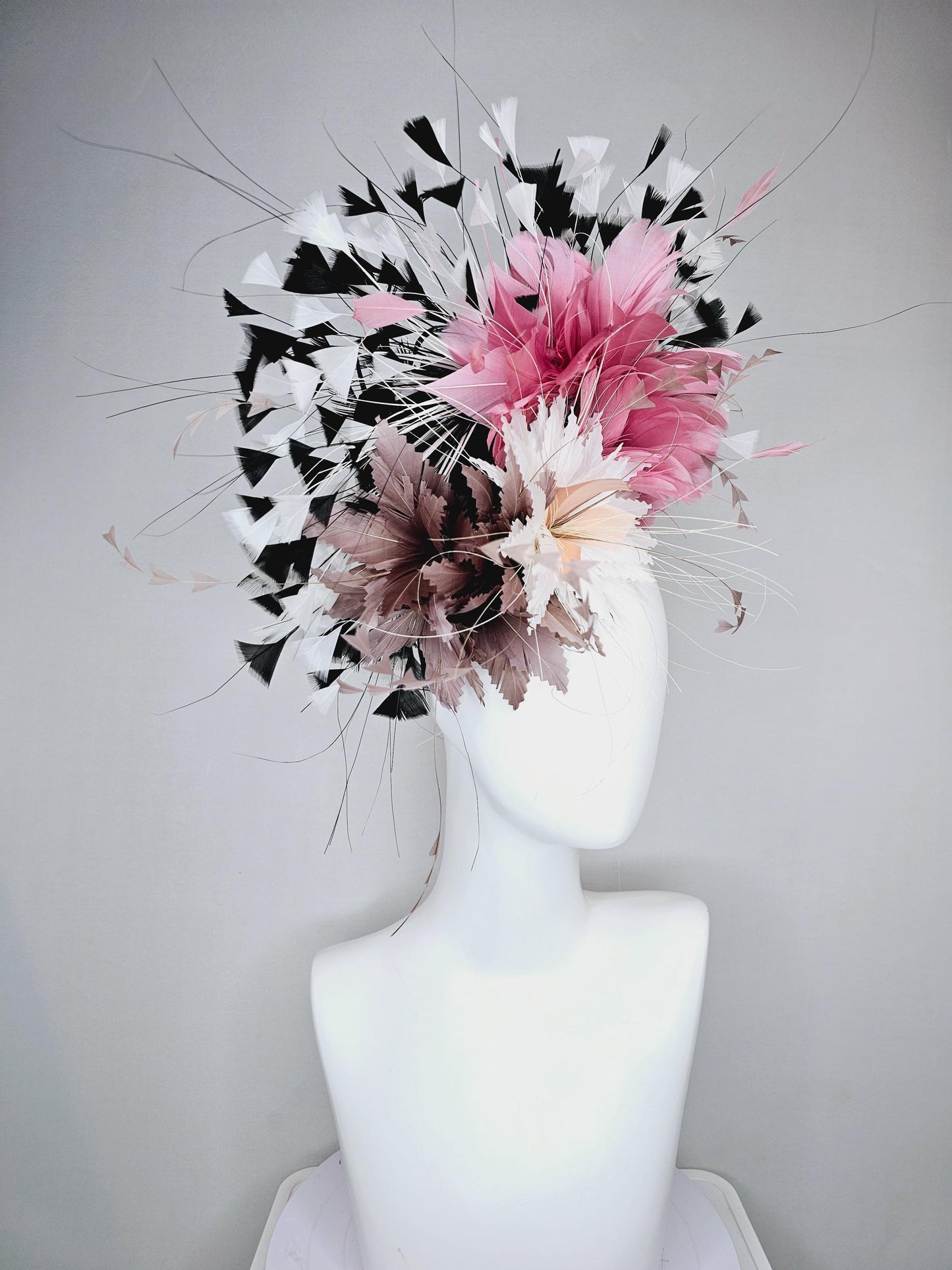 kentucky derby hat fascinator white fluffy zigzag feather flower with taupe feathers and blush pink,black and white branching feathers