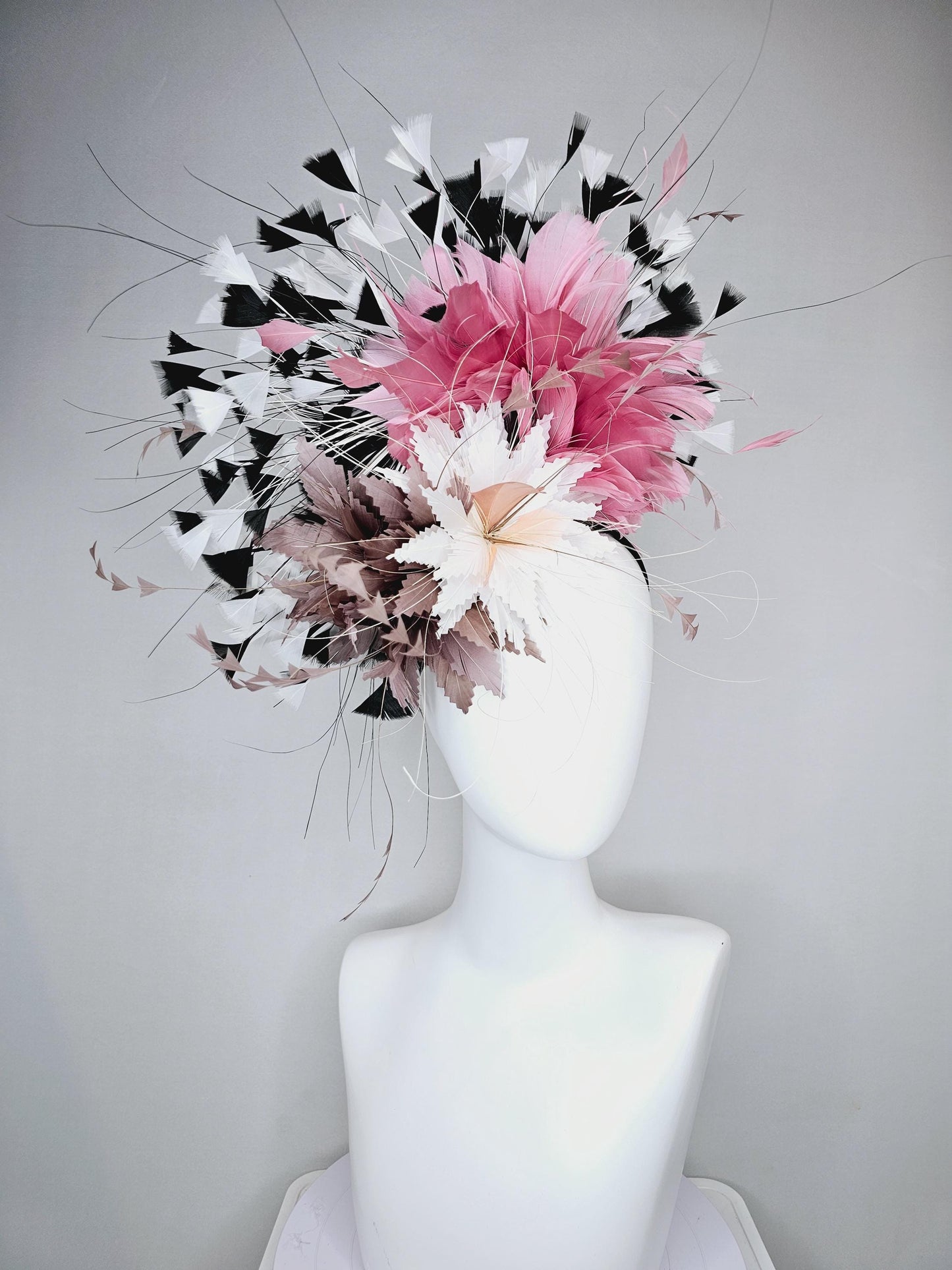 kentucky derby hat fascinator white fluffy zigzag feather flower with taupe feathers and blush pink,black and white branching feathers