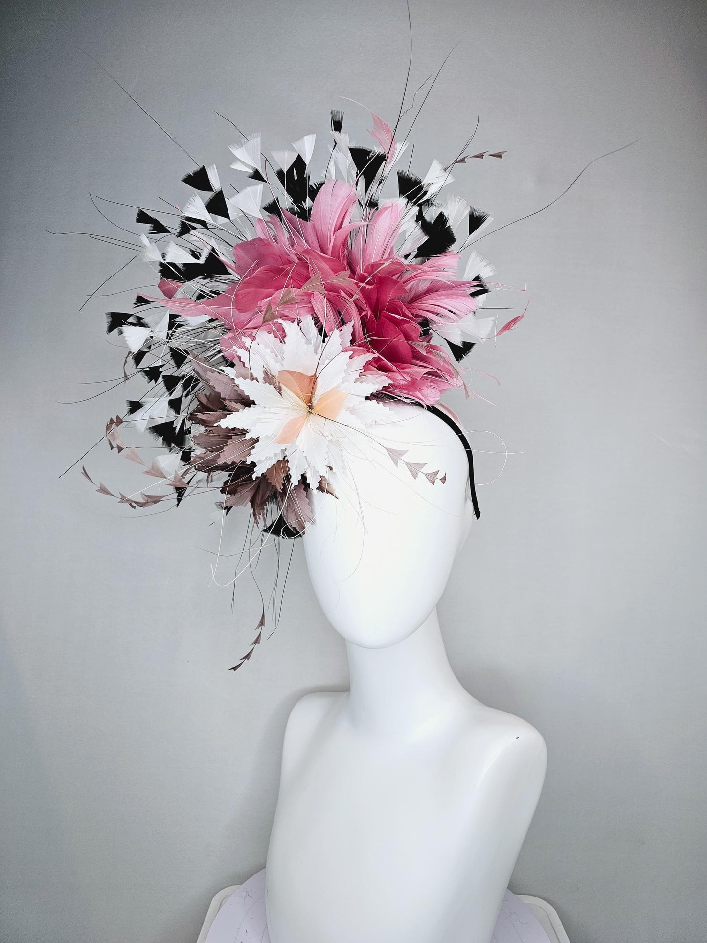 kentucky derby hat fascinator white fluffy zigzag feather flower with taupe feathers and blush pink,black and white branching feathers