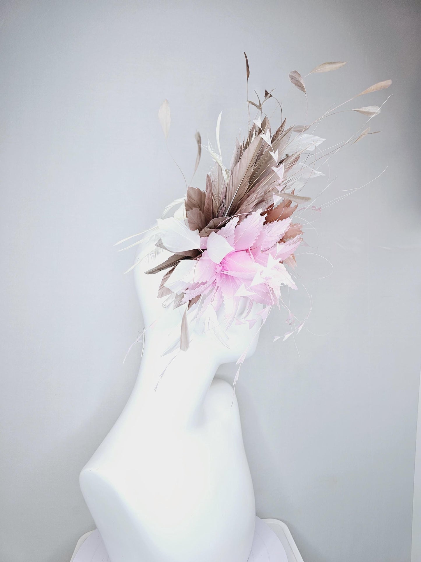 kentucky derby hat fascinator light pink and dusty pink feather flowers with light taupe neutral brown and white ivory branching feathers