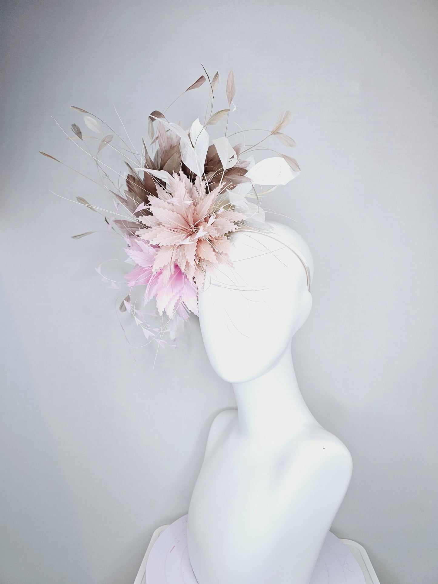 kentucky derby hat fascinator light pink and dusty pink feather flowers with light taupe neutral brown and white ivory branching feathers