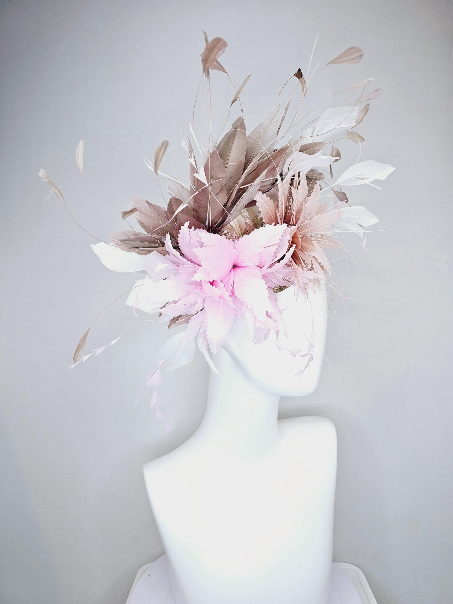 kentucky derby hat fascinator light pink and dusty pink feather flowers with light taupe neutral brown and white ivory branching feathers