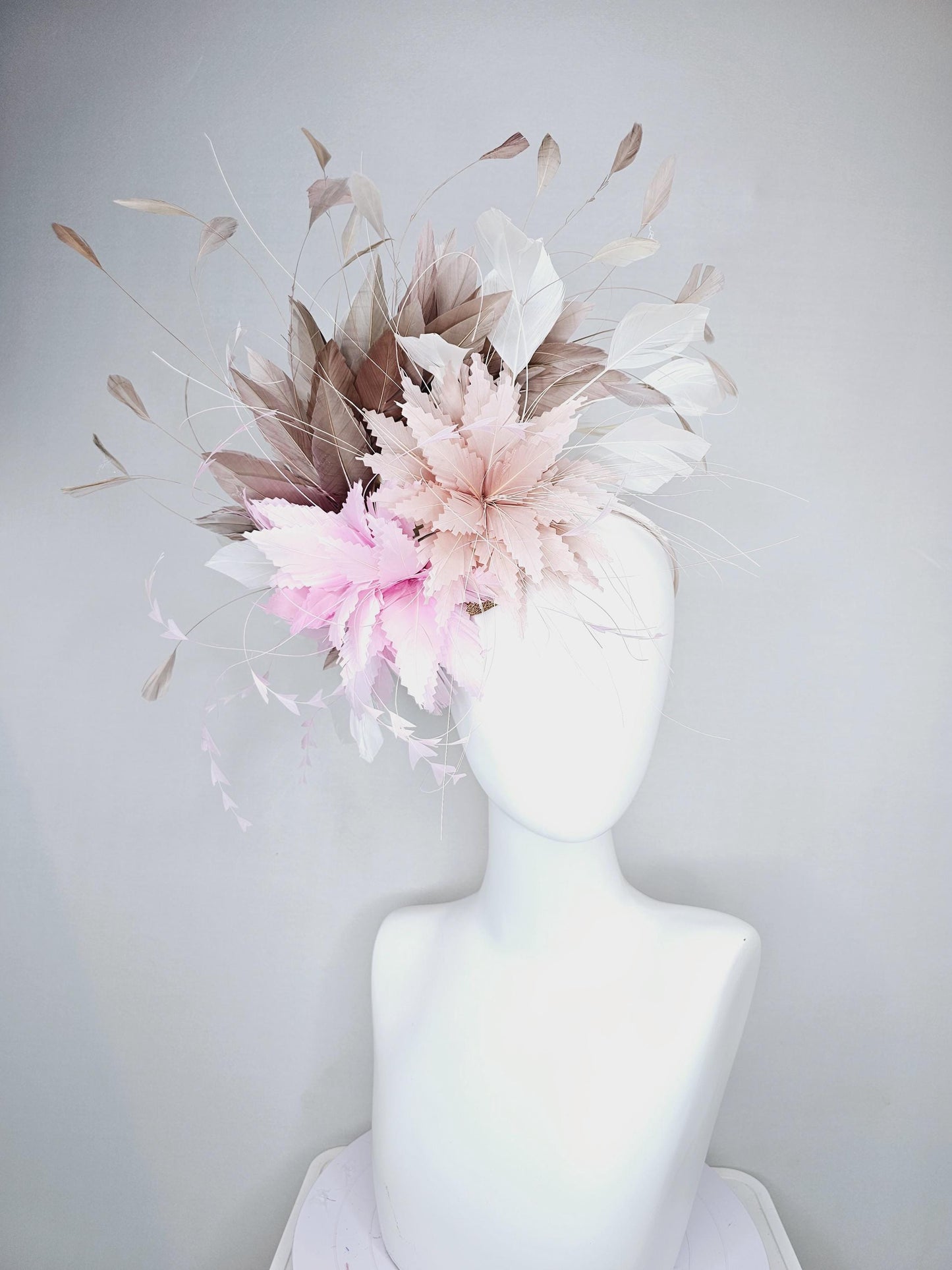 kentucky derby hat fascinator light pink and dusty pink feather flowers with light taupe neutral brown and white ivory branching feathers