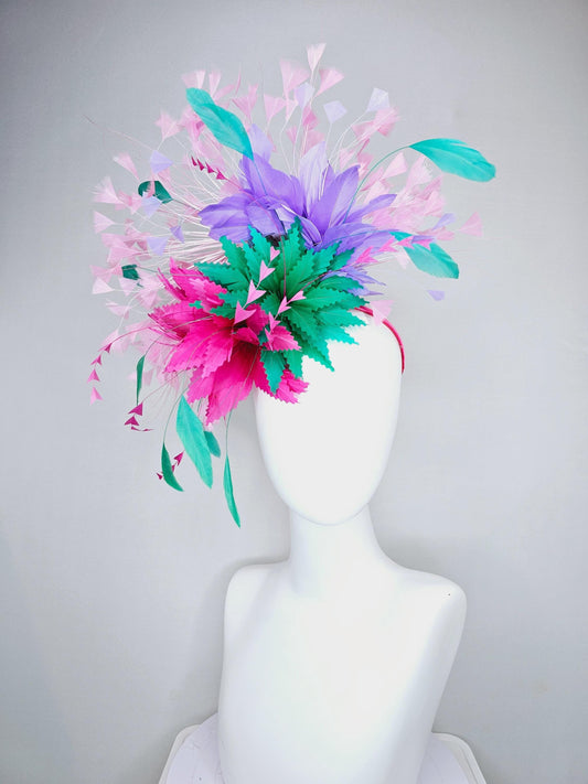 kentucky derby hat fascinator hot pink and green zigzag feather flowers, w/ colorful purple,turquoise blue and light pink branching feathers