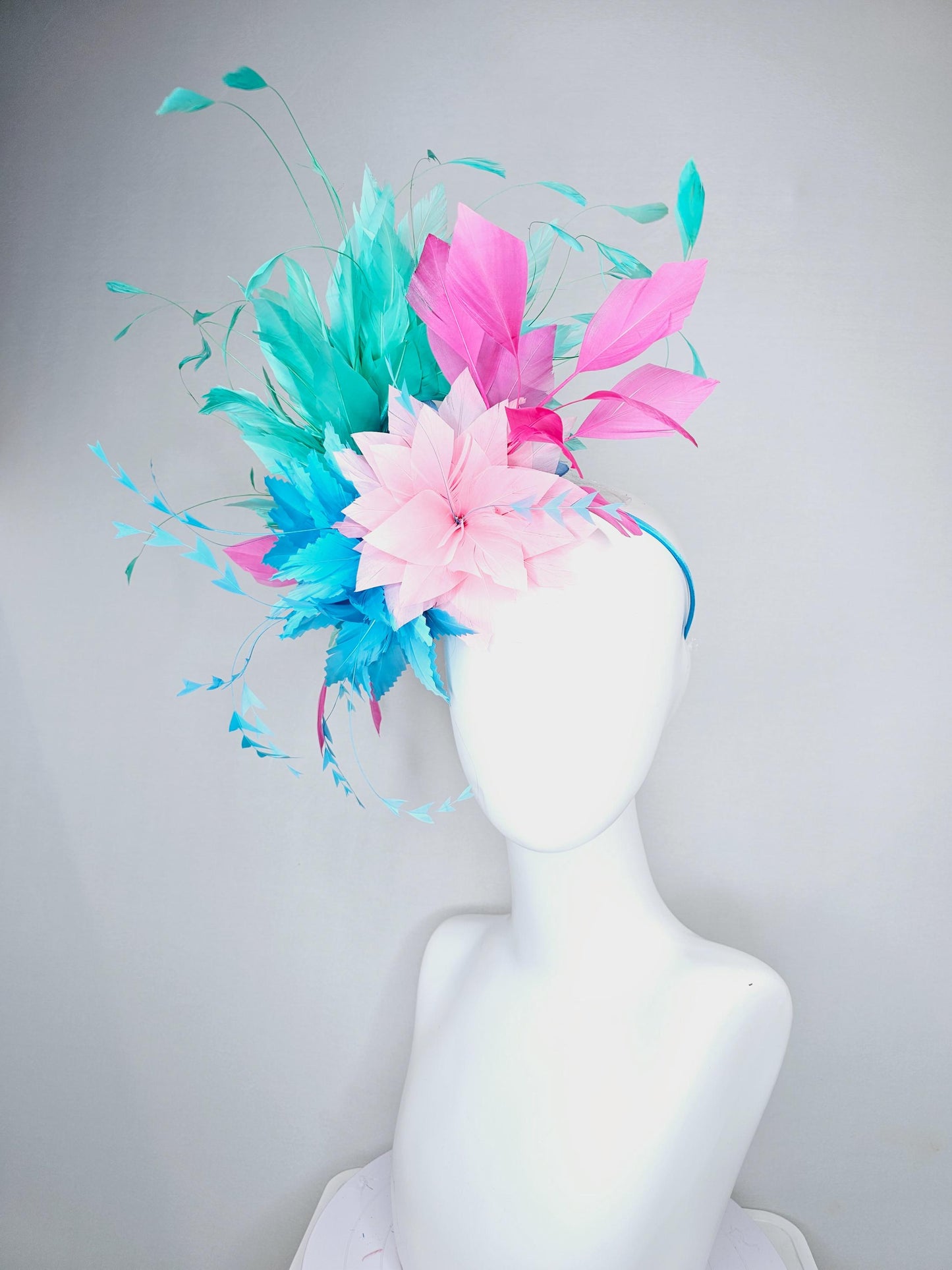 kentucky derby hat fascinator zigzag sky blue and light pink feather flowers with hot pink and turquoise green blue branching feathers