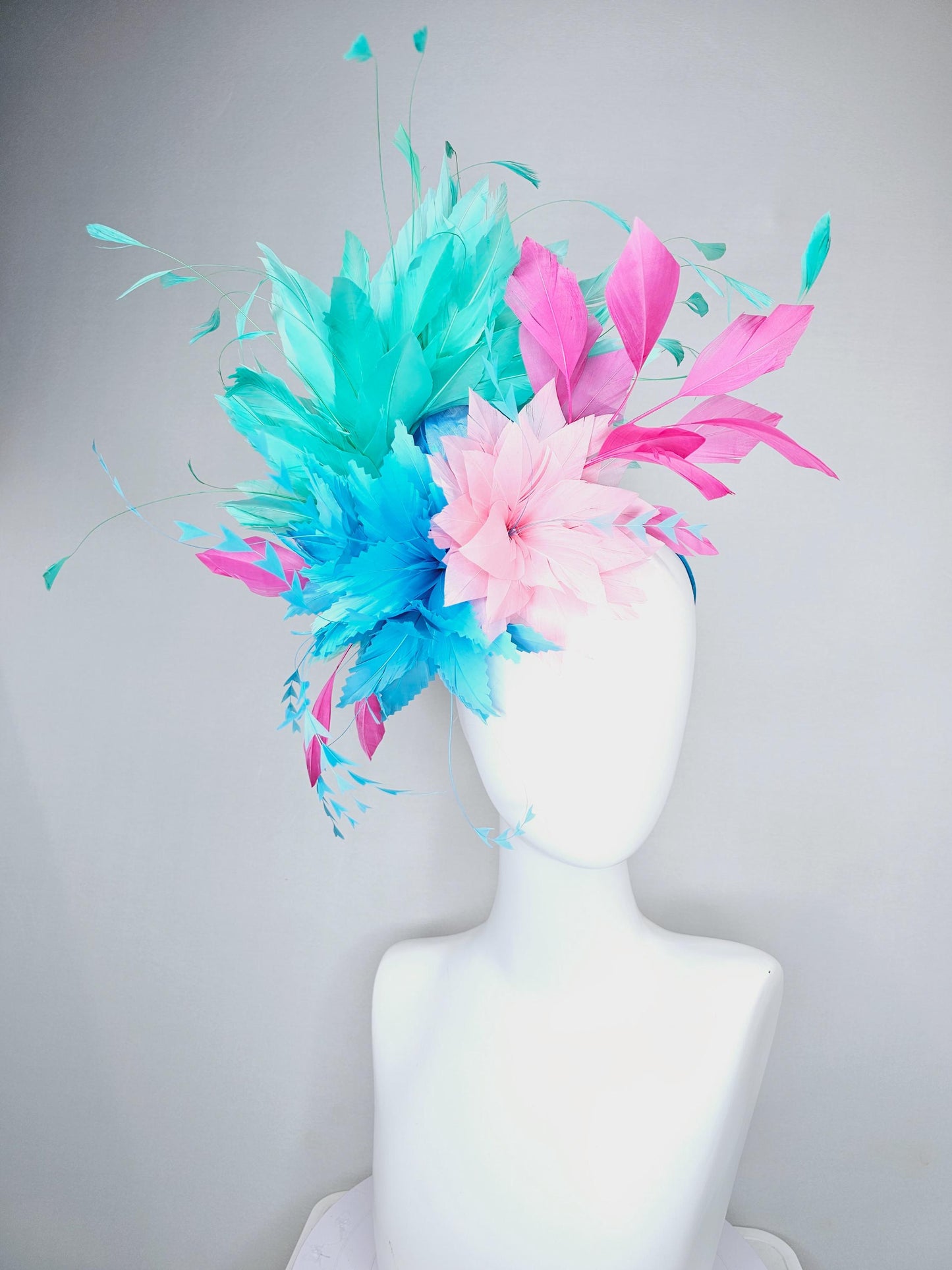 kentucky derby hat fascinator zigzag sky blue and light pink feather flowers with hot pink and turquoise green blue branching feathers