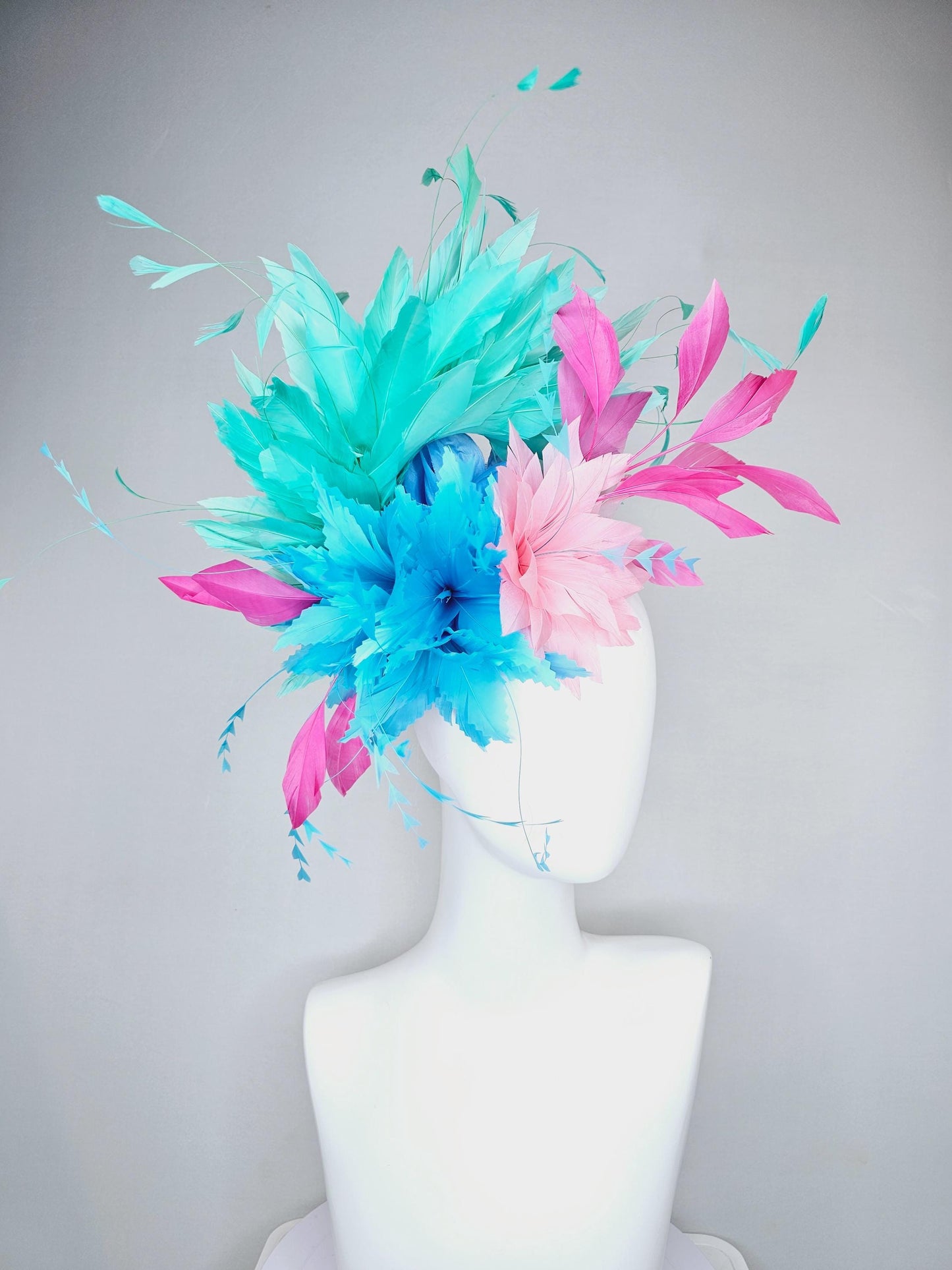 kentucky derby hat fascinator zigzag sky blue and light pink feather flowers with hot pink and turquoise green blue branching feathers