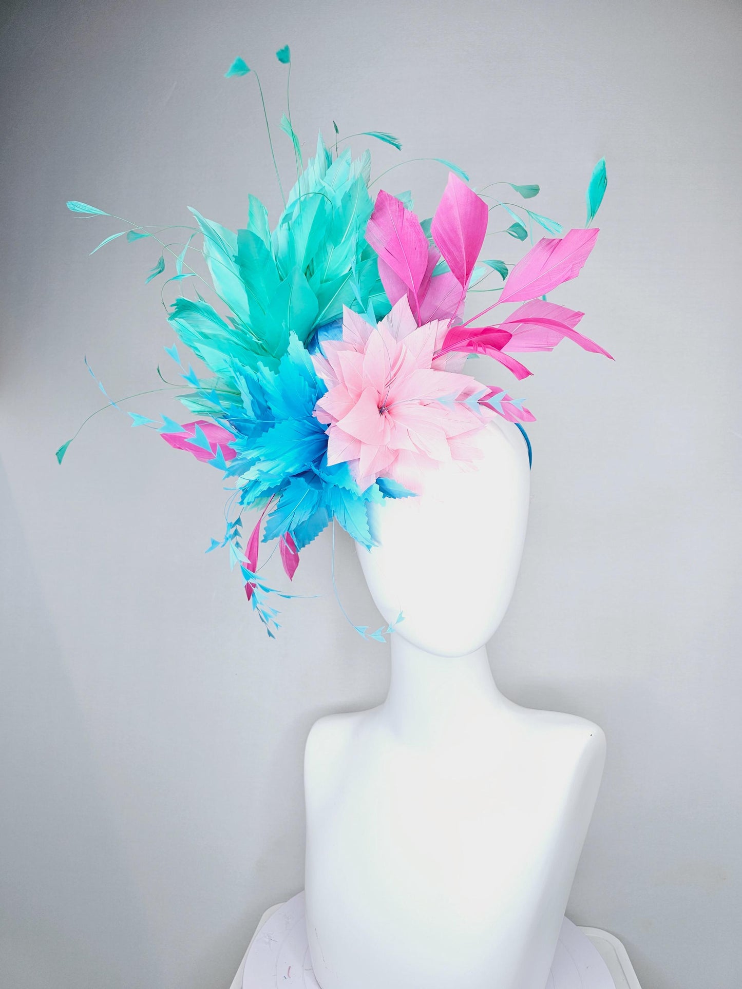 kentucky derby hat fascinator zigzag sky blue and light pink feather flowers with hot pink and turquoise green blue branching feathers