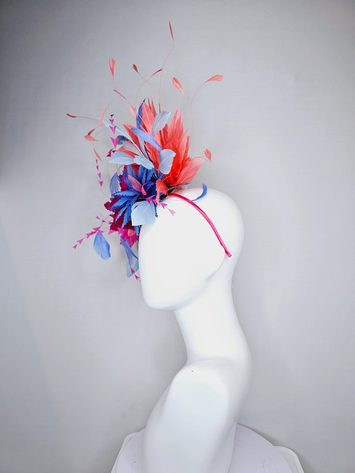 kentucky derby hat fascinator hot pink and cobalt blue zigzag feather flowers with coral orange,light blue and royal blue branching feathers