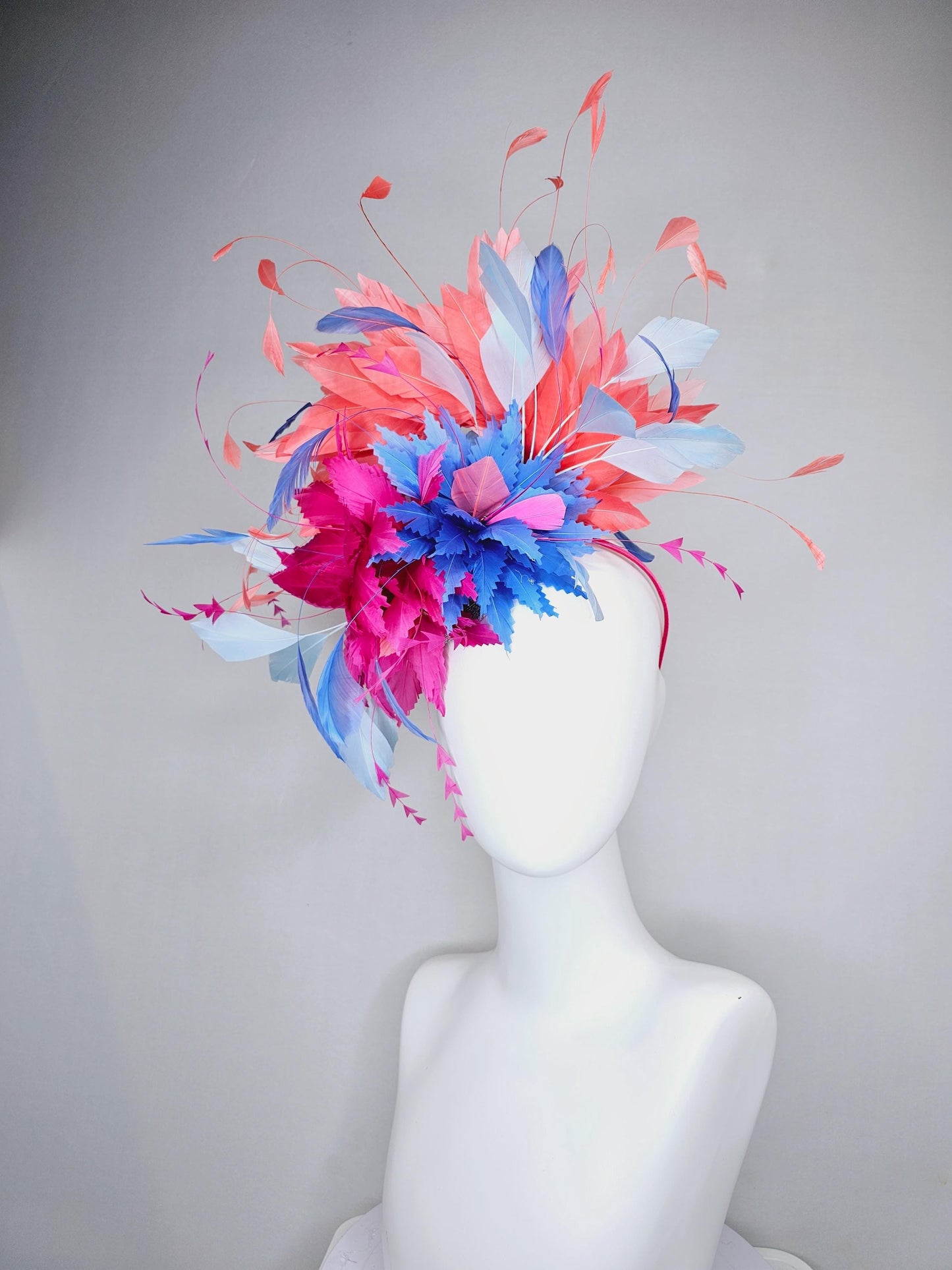 kentucky derby hat fascinator hot pink and cobalt blue zigzag feather flowers with coral orange,light blue and royal blue branching feathers