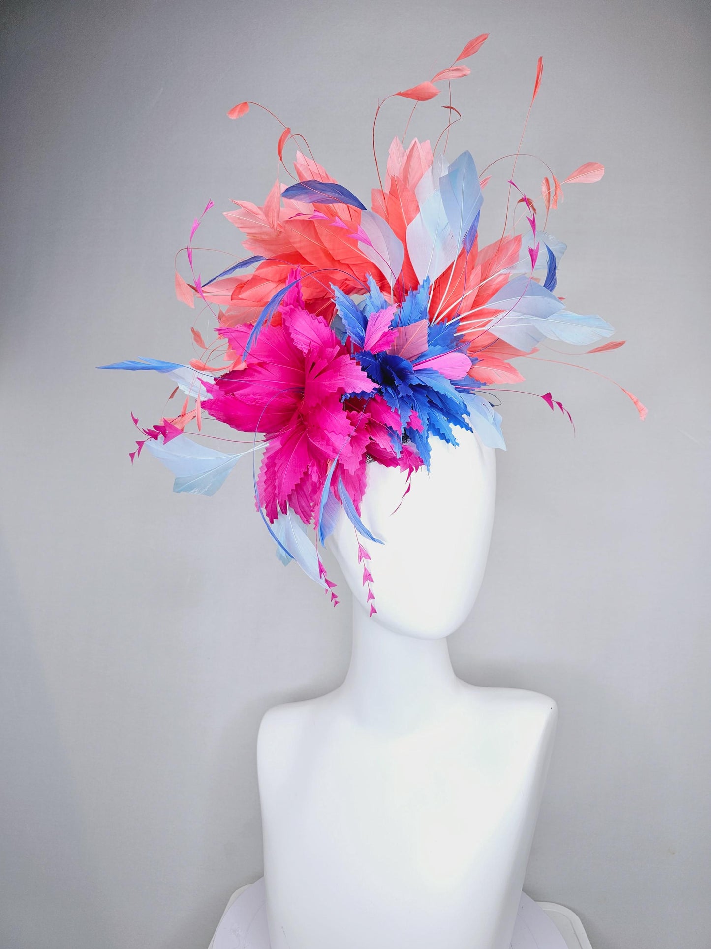 kentucky derby hat fascinator hot pink and cobalt blue zigzag feather flowers with coral orange,light blue and royal blue branching feathers