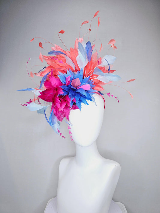 kentucky derby hat fascinator hot pink and cobalt blue zigzag feather flowers with coral orange,light blue and royal blue branching feathers