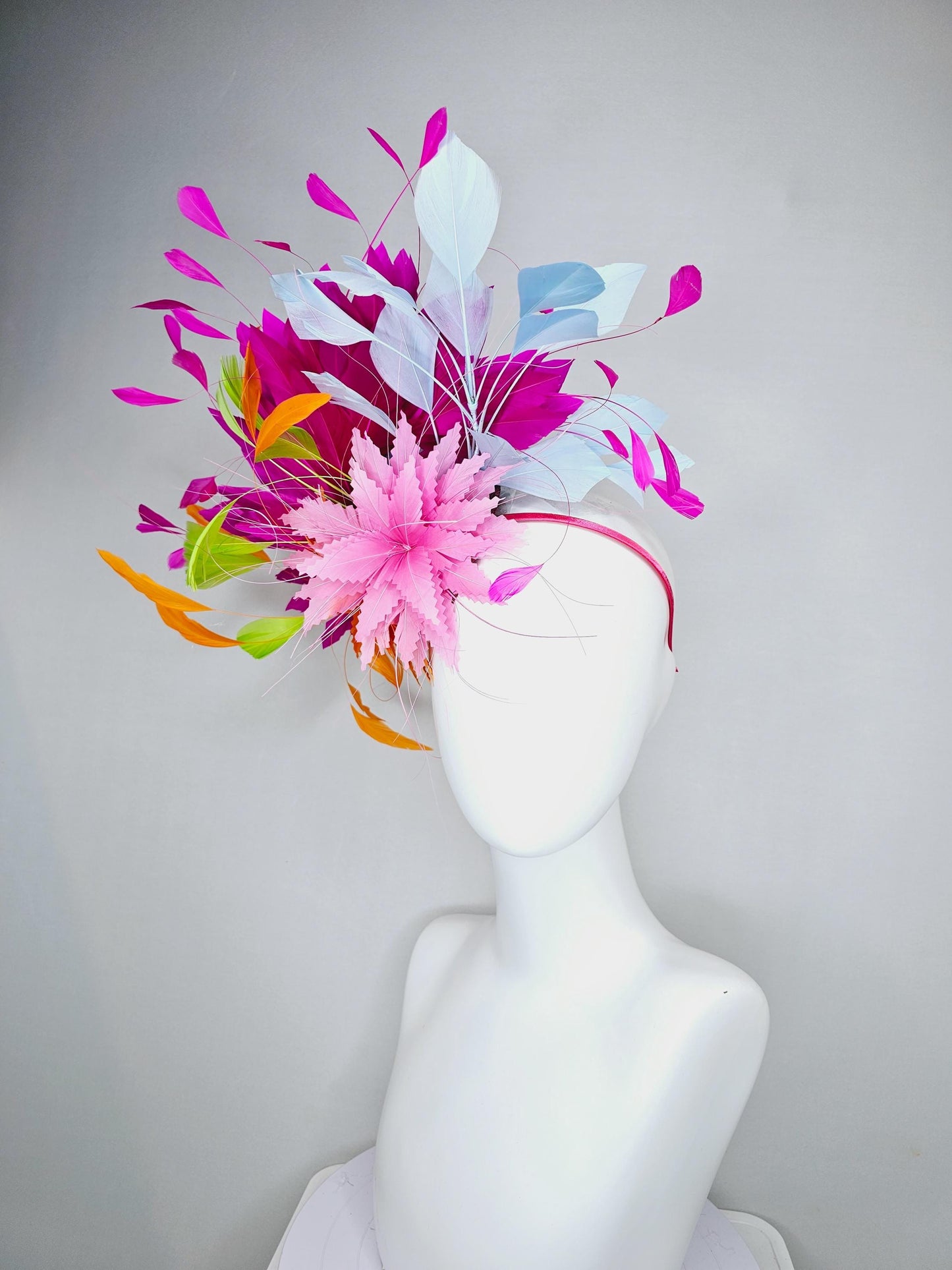 kentucky derby hat fascinator blush pink and orange zigzag feather flowers, colorful fuchsia pink, light blue, lime green branching feathers