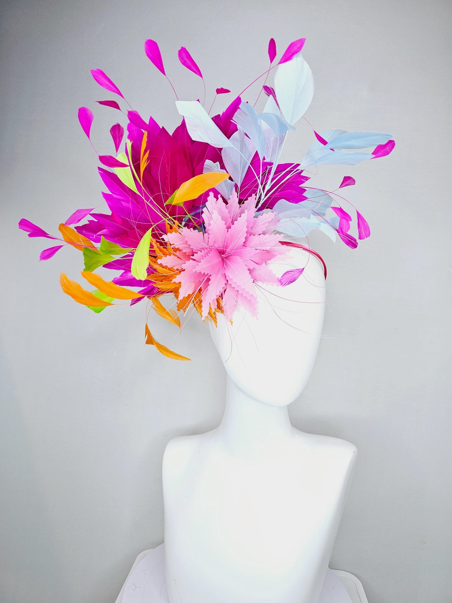 kentucky derby hat fascinator blush pink and orange zigzag feather flowers, colorful fuchsia pink, light blue, lime green branching feathers