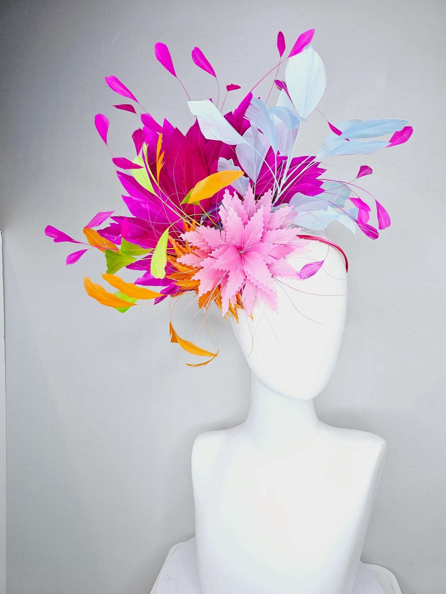 kentucky derby hat fascinator blush pink and orange zigzag feather flowers, colorful fuchsia pink, light blue, lime green branching feathers