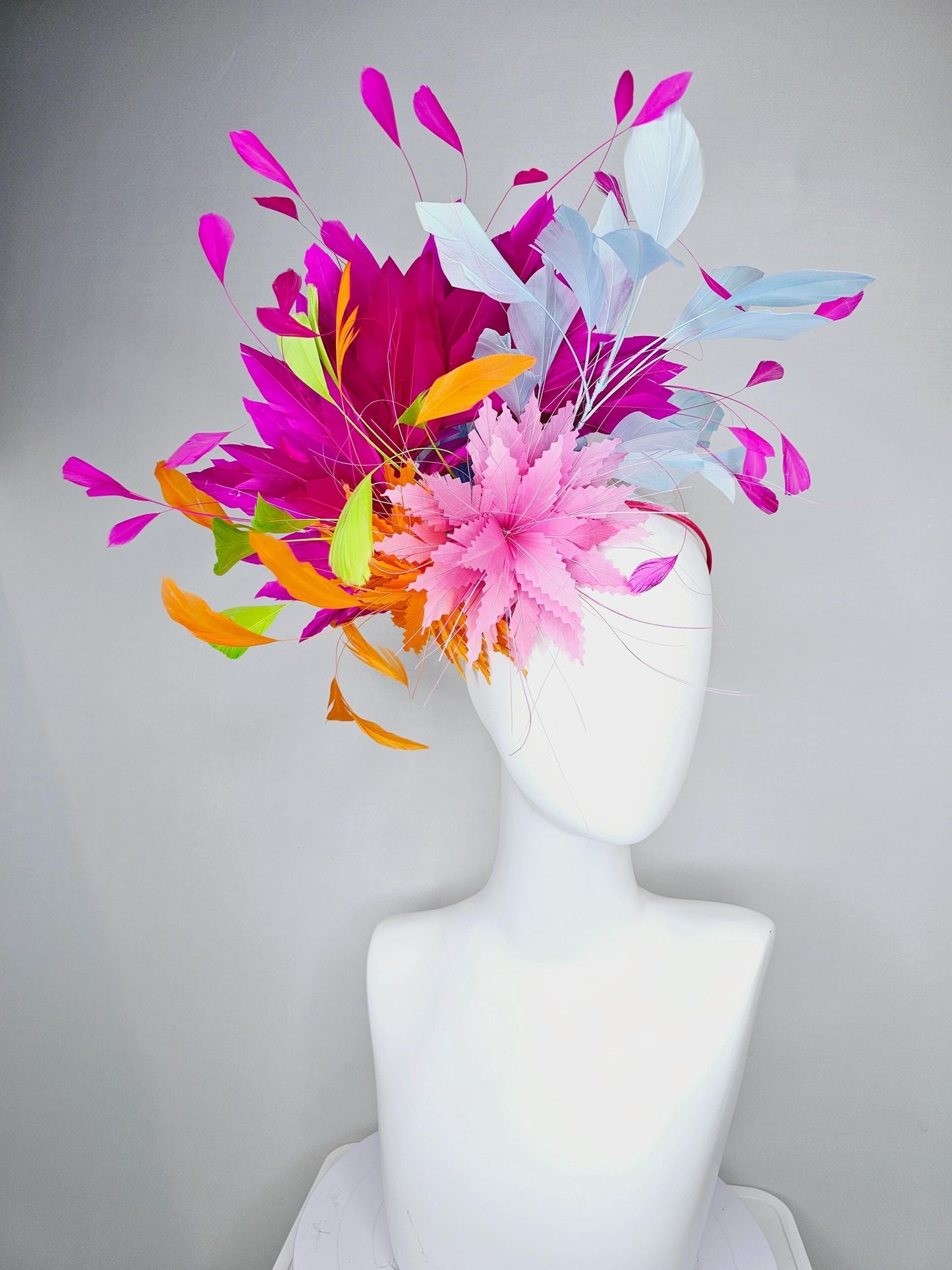 kentucky derby hat fascinator blush pink and orange zigzag feather flowers, colorful fuchsia pink, light blue, lime green branching feathers